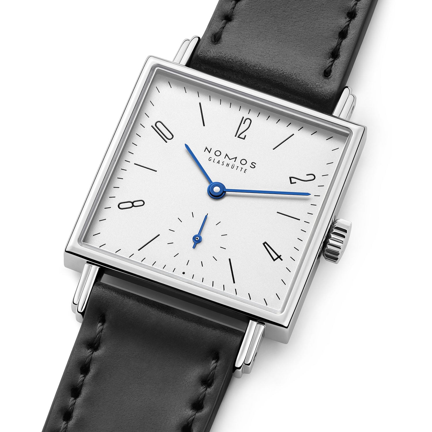 Nomos Tetra 27 white at an angle, polished square steel case with a silver-plated galvanised dial, small seconds sub-dial, blued steel hands and black leather strap