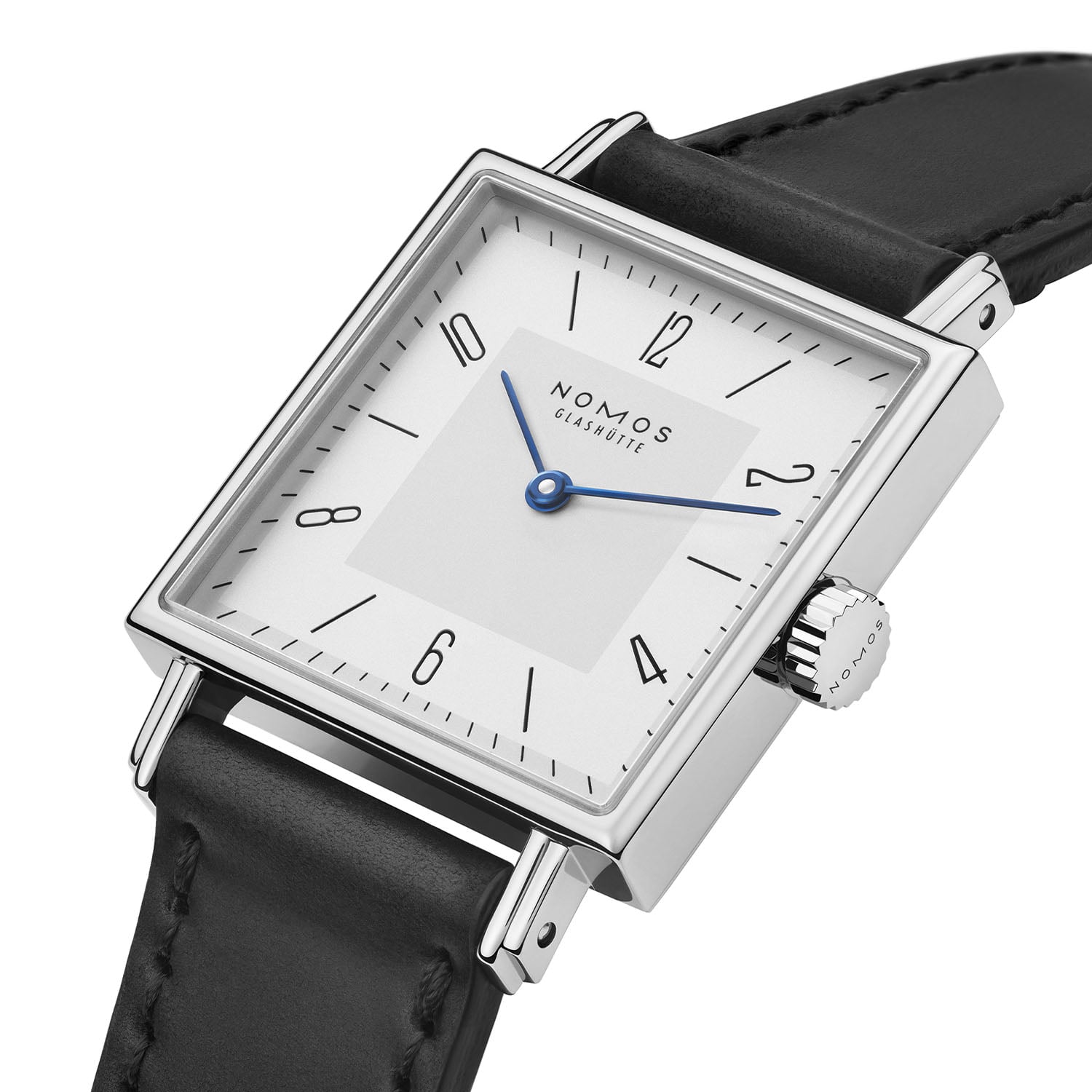 Nomos Tetra 27 duo at an angle, two-tone galvanised dial with a light grey central square and two blued hands, polished steel case and knurled crown