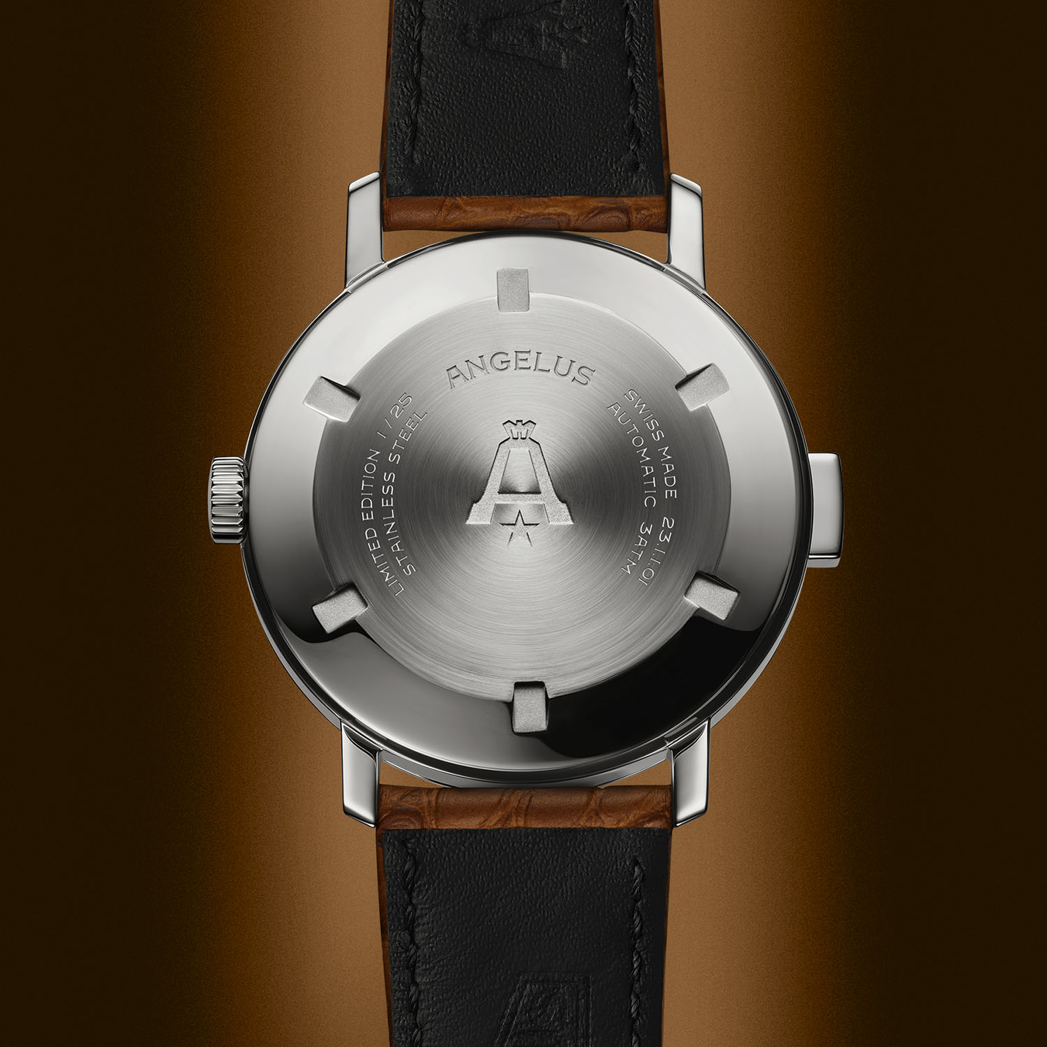 Screw-down steel caseback of the Angelus Tinkler engraved with the Angelus A monogram, LIMITED EDITION 1/25, STAINLESS STEEL and AUTOMATIC 3ATM