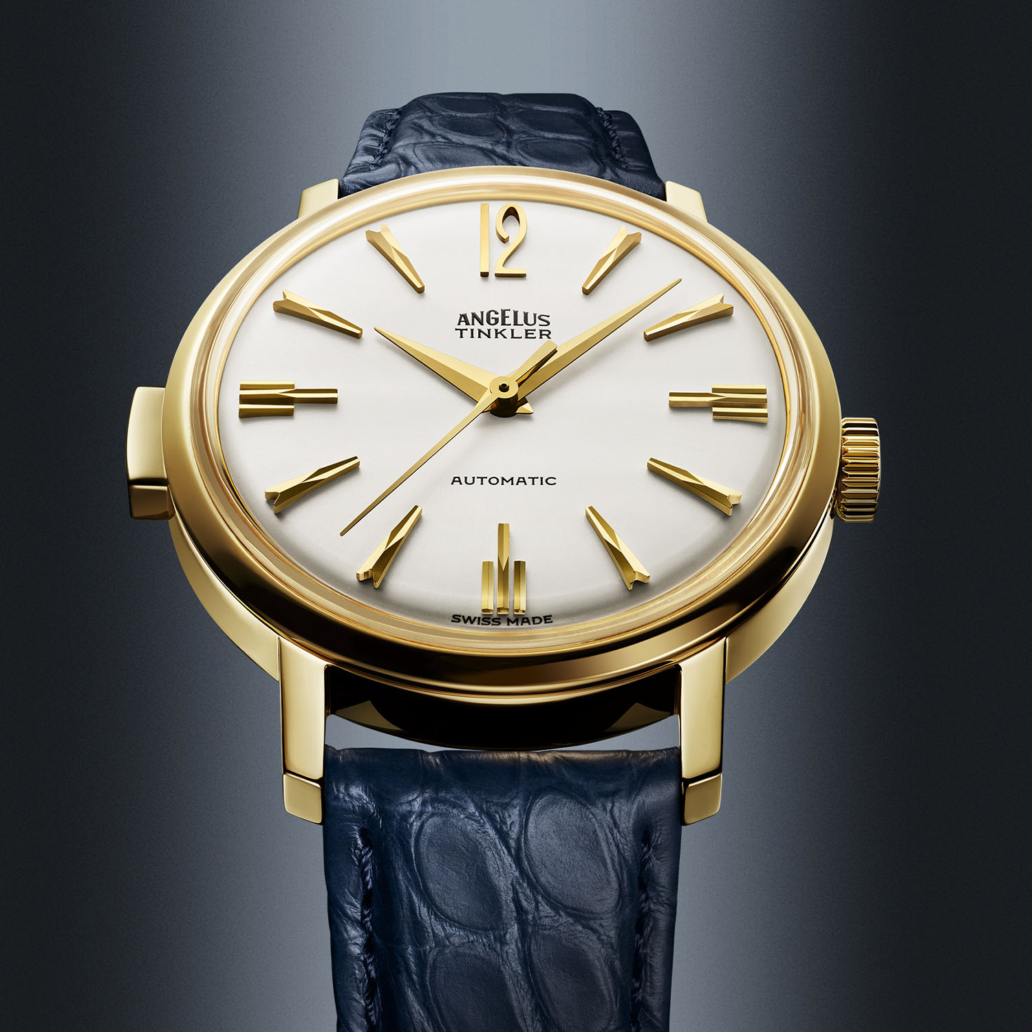 The 18k yellow gold version of the Angelus Tinkler 1958 Quarter Repeater on an ink-blue alligator strap, gold case and golden dial markers, limited to 15 pieces