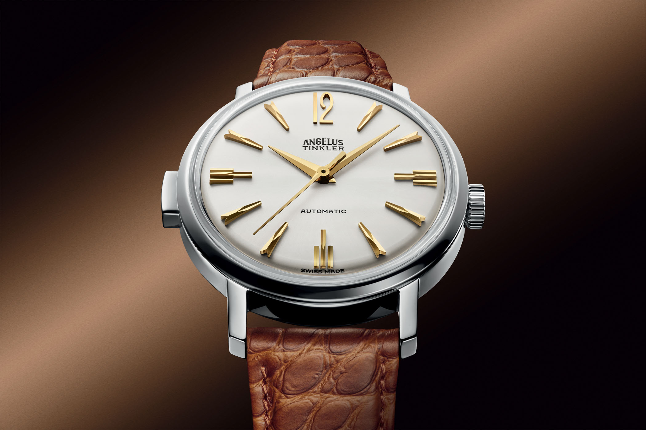 Angelus Tinkler 1958 Quarter Repeater in stainless steel, domed white dial with golden faceted markers and a prominent Arabic 12, ANGELUS TINKLER and AUTOMATIC on the dial, on a saddle brown alligator strap