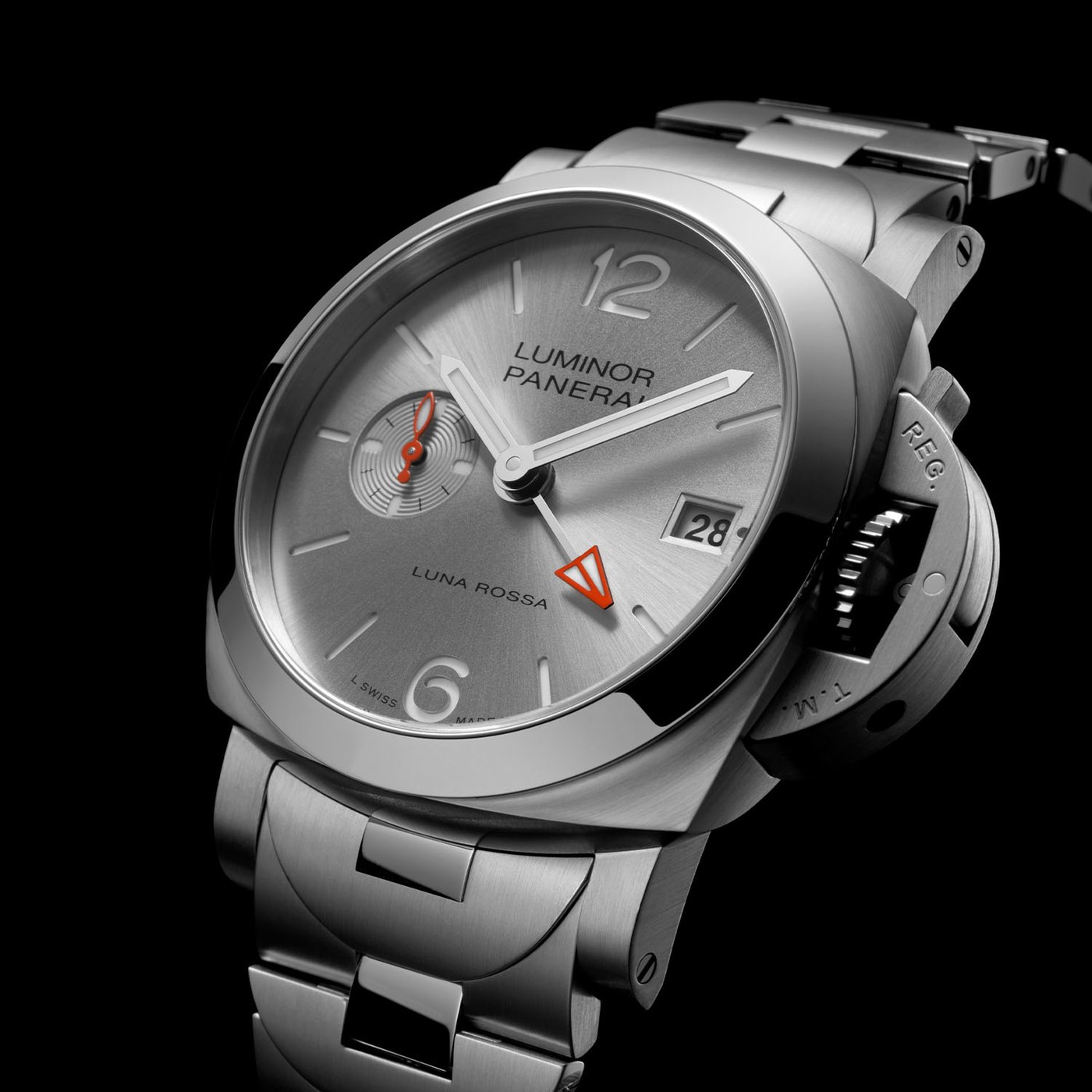 Panerai Luminor Luna Rossa GMT PAM01791 at a three-quarter angle on its steel bracelet, showing the crown-protecting bridge, the polished bezel and the cushion-shaped Luminor case