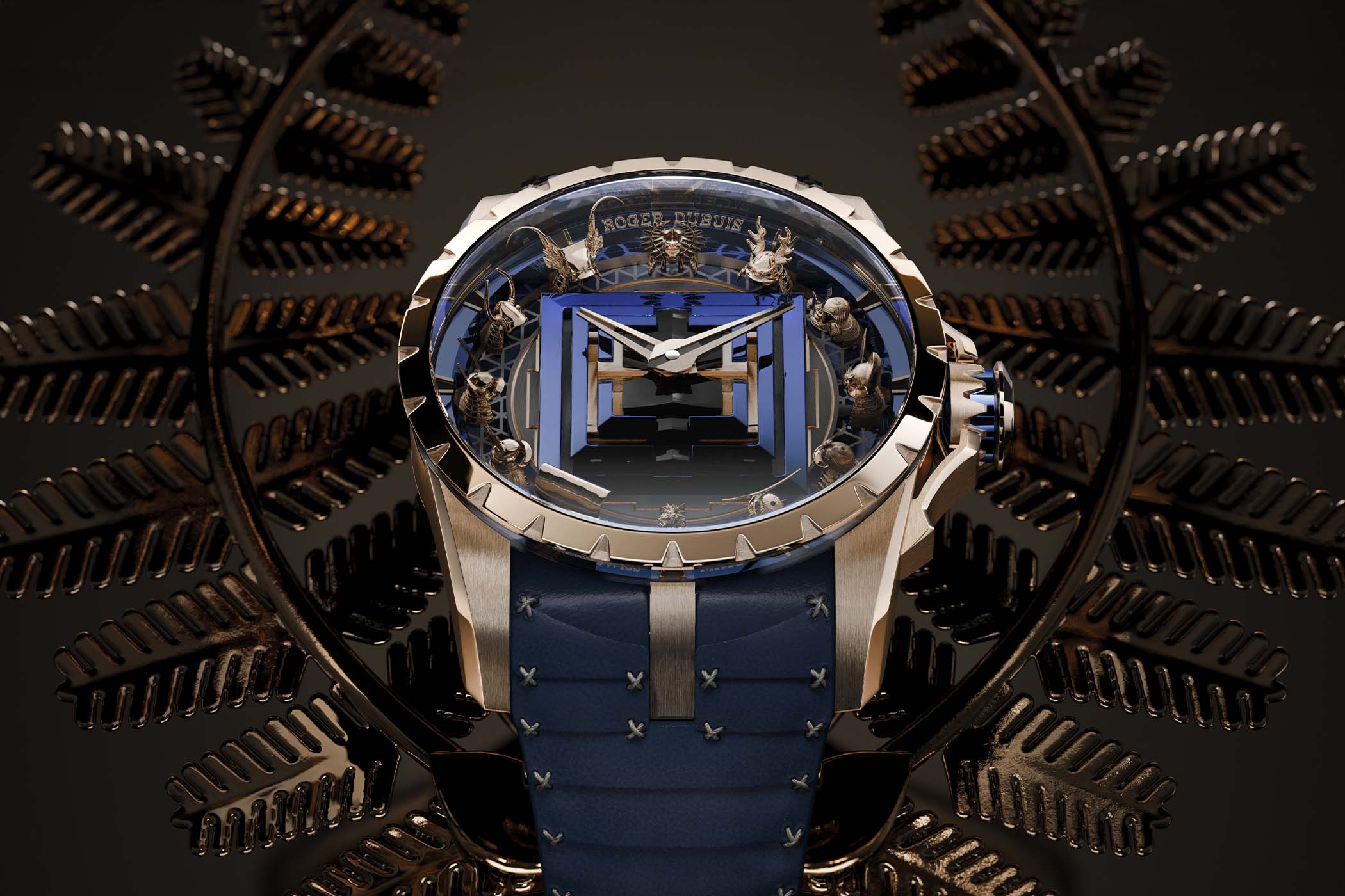 Roger Dubuis Excalibur The Kabuto Legacy RDDBEX1139 in 18k pink gold, blue sapphire dial showing 12 gold samurai kabuto helmets around an abstract Edo Castle, on a blue calfskin strap with X-stitched armour tiles