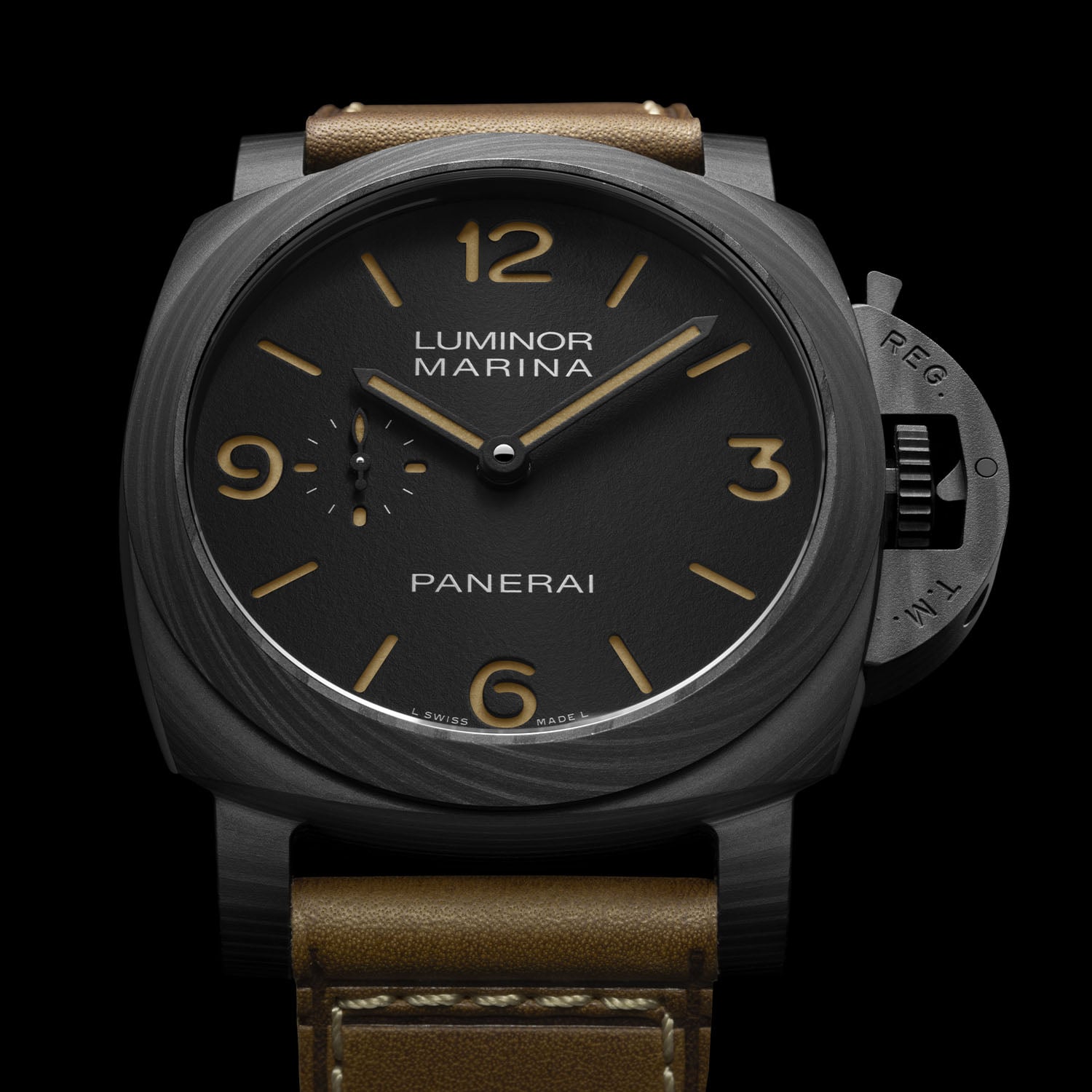 Front view of the Panerai Luminor Marina PAM01707 Carbotech, matte black sandwich dial with beige Arabic numerals at 12, 3, 6 and 9, small seconds at 9 o'clock and L SWISS MADE L printed at the base
