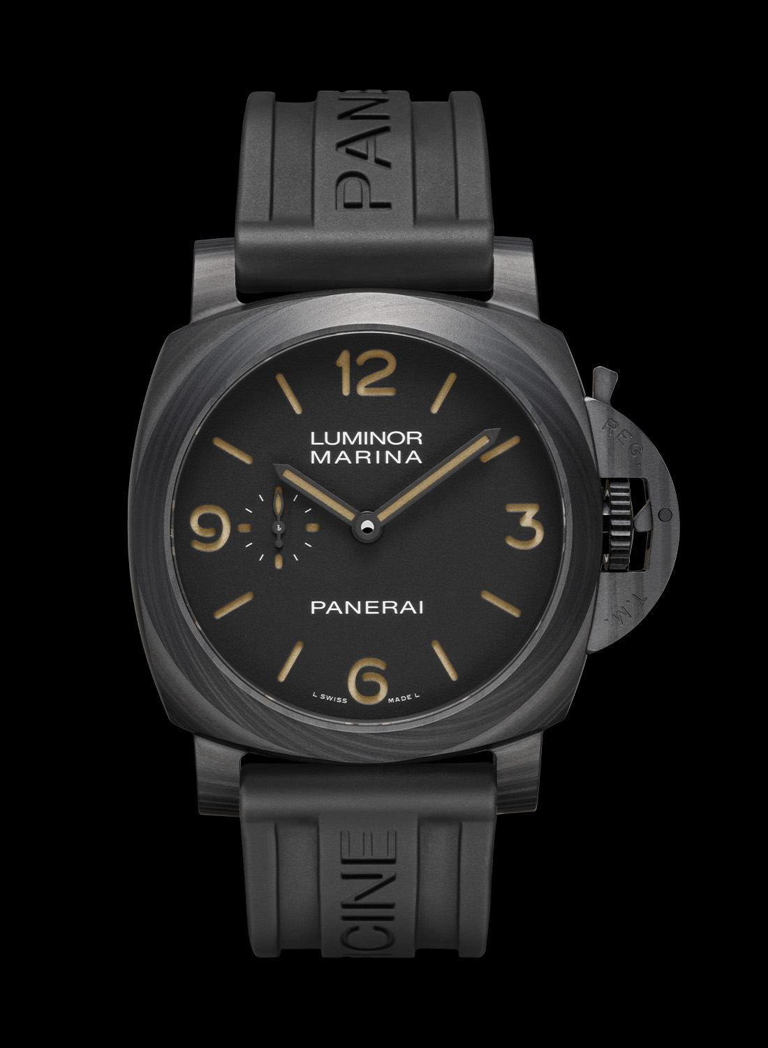 The Panerai Luminor Marina PAM01707 Carbotech on its included black Panerai-embossed rubber strap, seen from the front