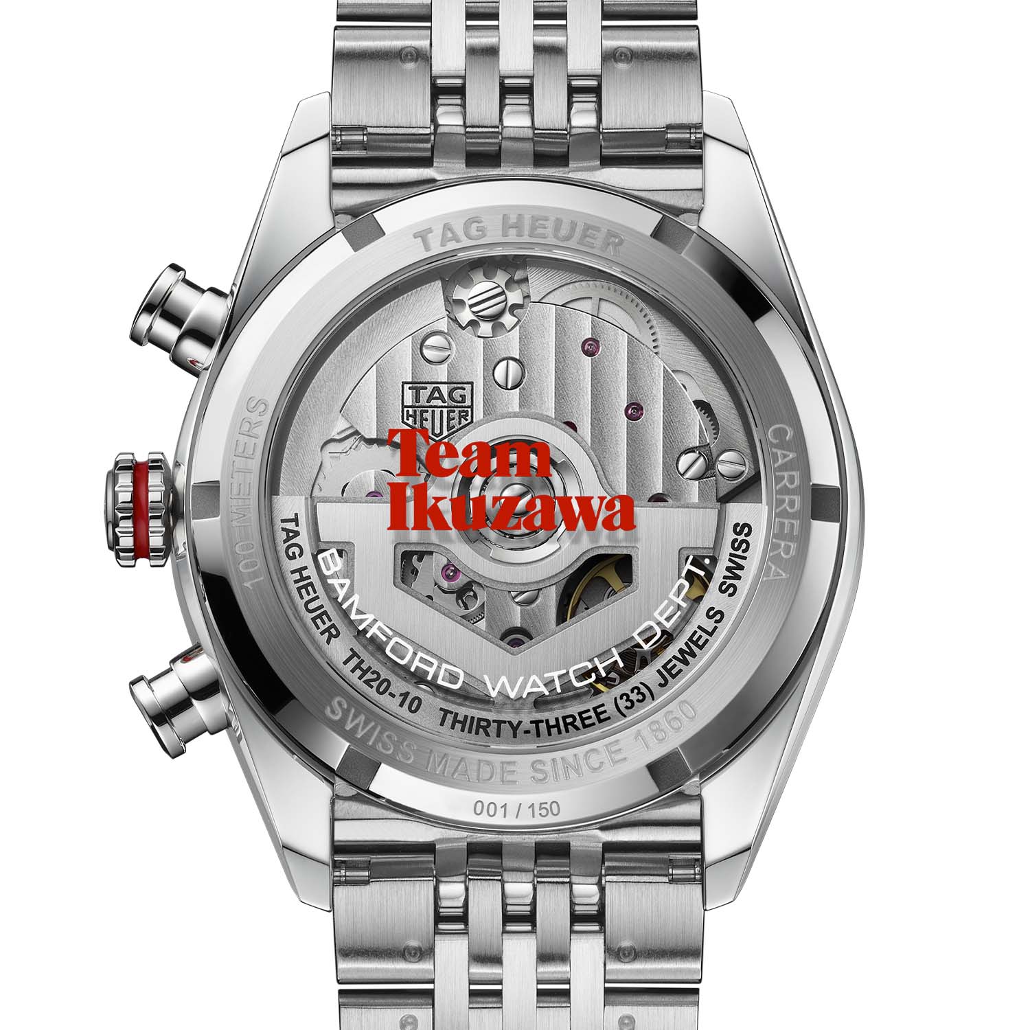 Sapphire caseback of the TAG Heuer Carrera x Team Ikuzawa engraved Bamford Watch Dept and numbered 001 of 150, showing the automatic TH20-10 chronograph movement