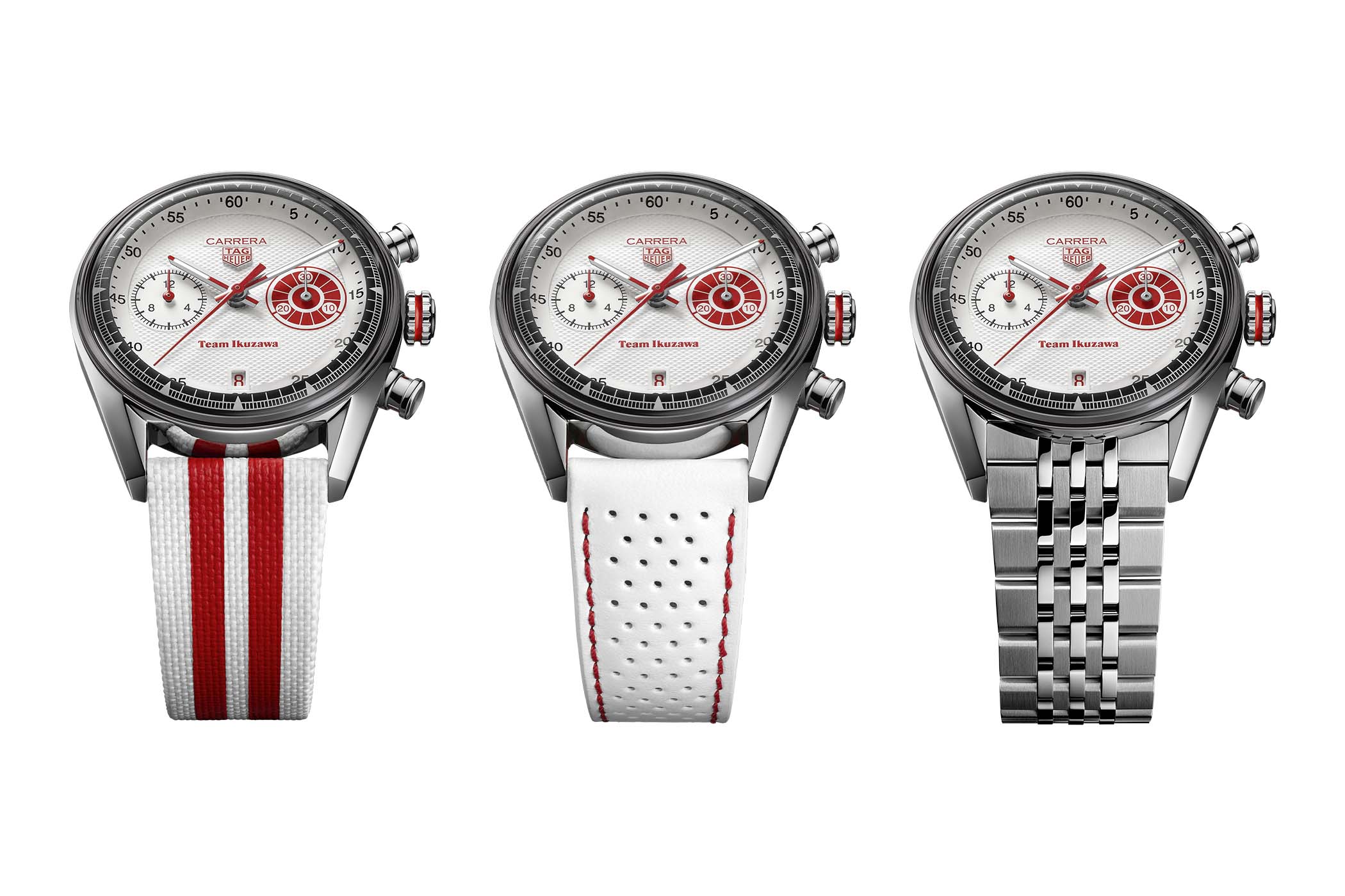 The three strap options, from left a white-and-red textile racing strap, a white perforated leather strap and the seven-row steel bracelet