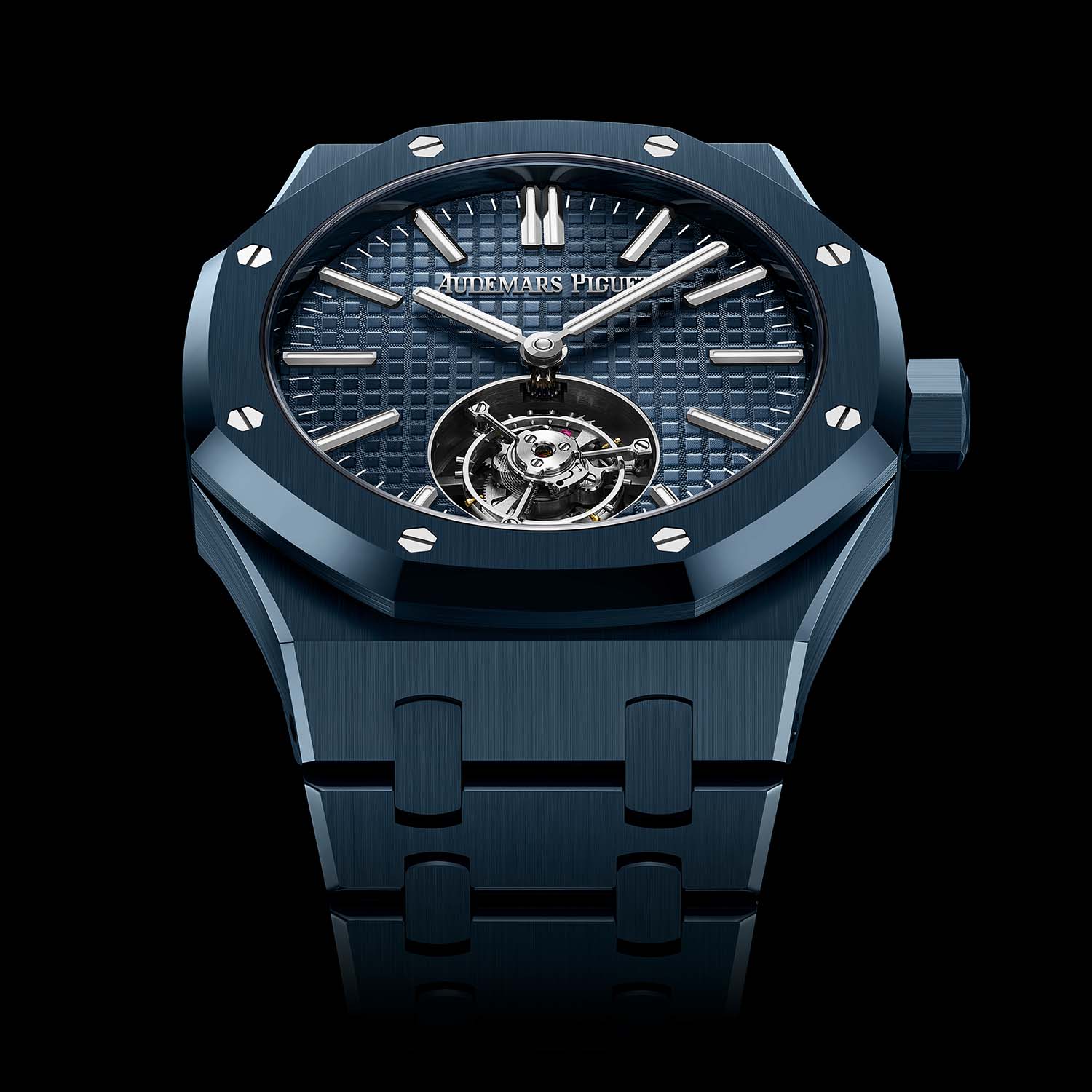 Front view of the Royal Oak Flying Tourbillon 26730CD showing the deep blue Grande Tapisserie dial, applied white gold hour markers, luminous Royal Oak hands and the rhodium-toned flying tourbillon at 6 o'clock