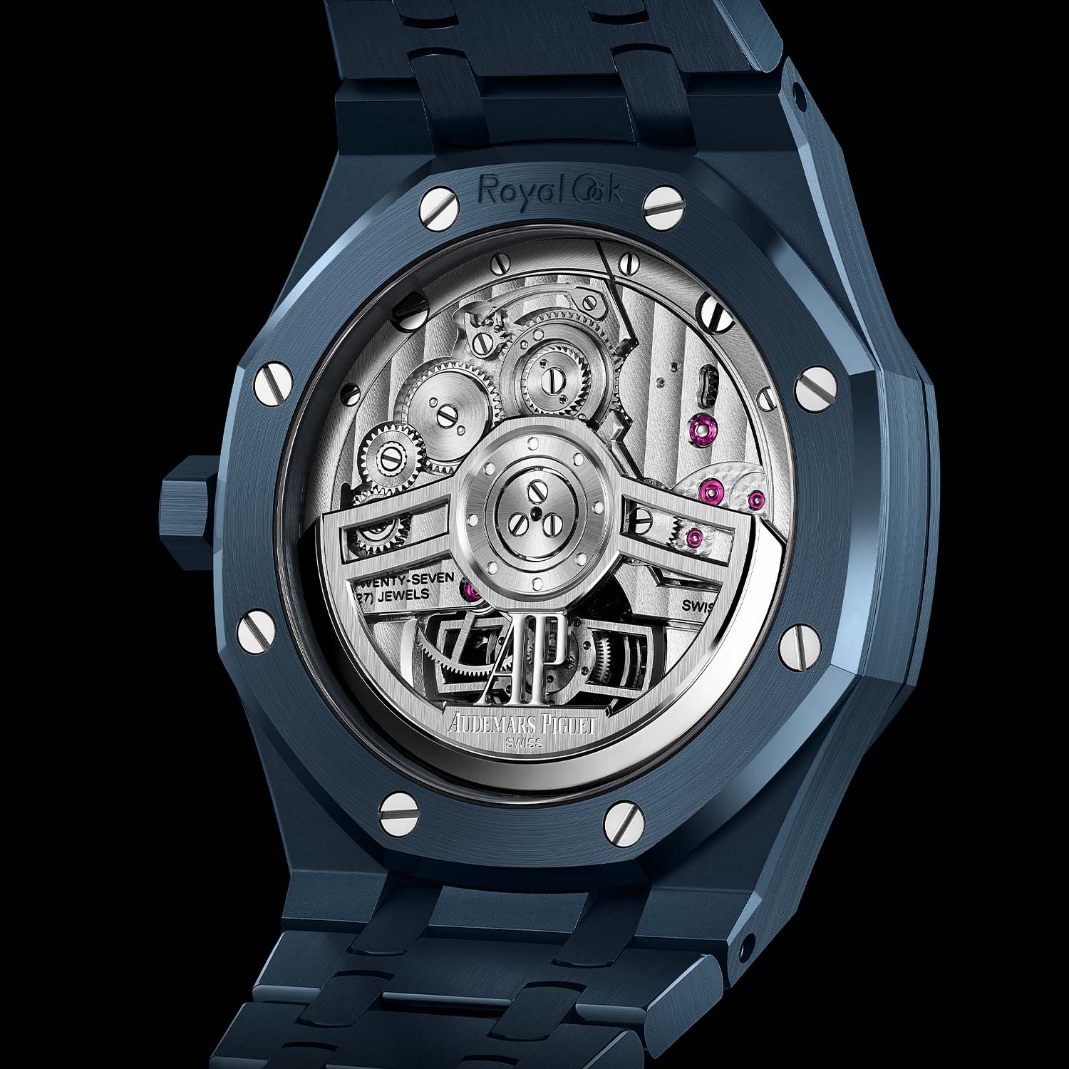 Sapphire caseback of the 26730CD ringed in matching blue ceramic, revealing the automatic calibre 2950 with Royal Oak engraving, twenty-seven jewels and the openworked AP oscillating weight