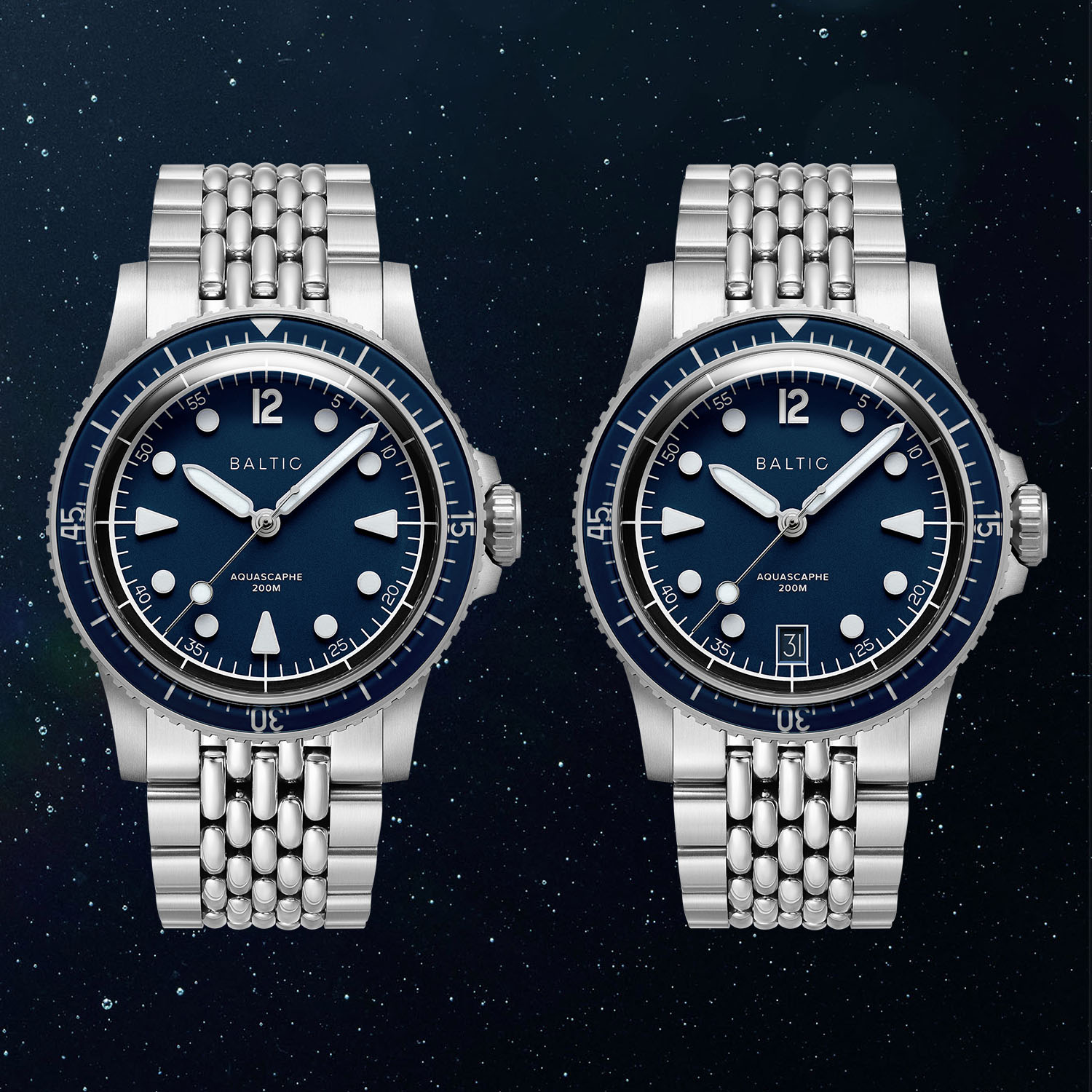 Two blue Baltic Aquascaphe MK2 models on beads-of-rice steel bracelets, the no-date version on the left and the new date version with a window at 6 o'clock on the right