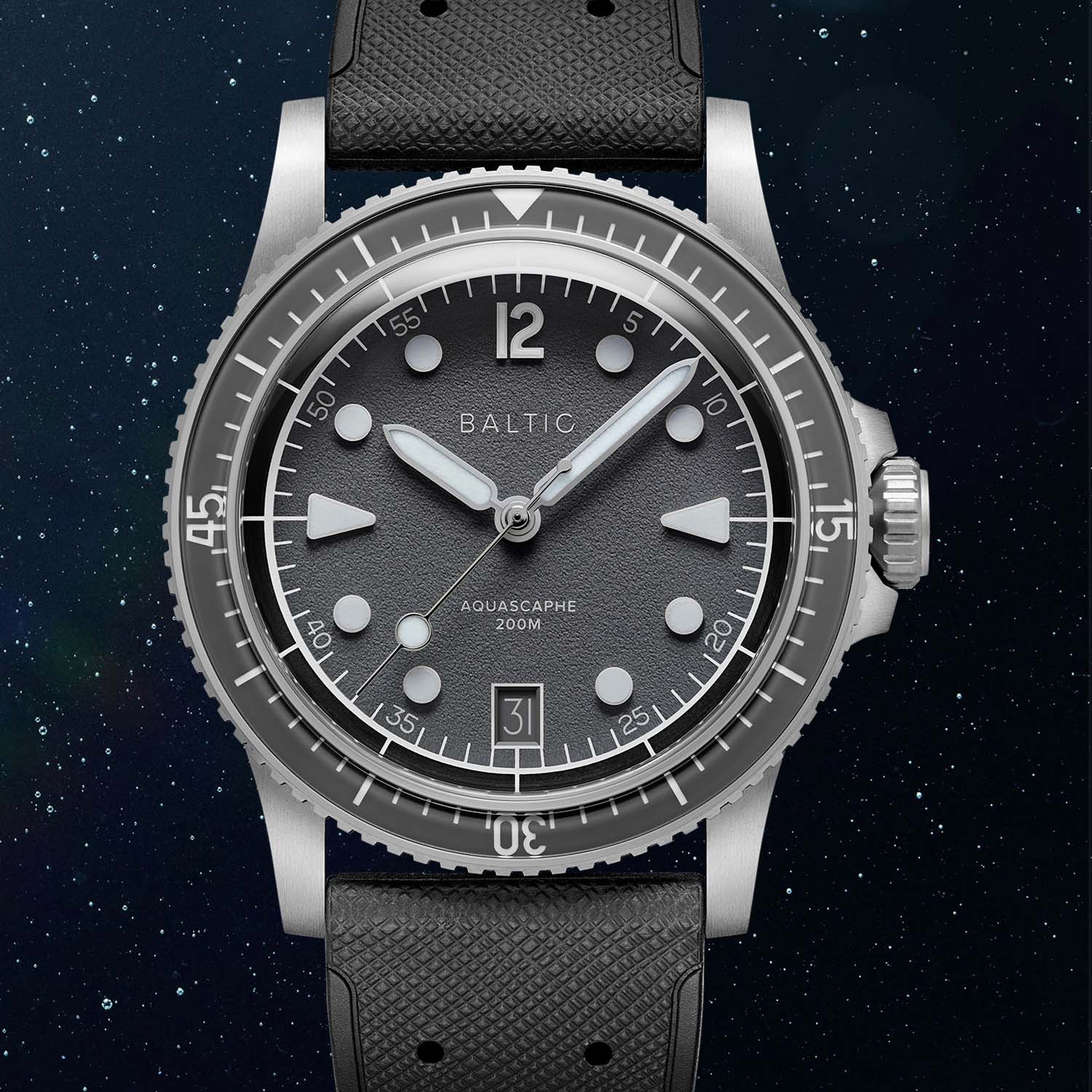 Baltic Aquascaphe MK2 Date with a grained grey dial and grey sapphire bezel, the date window at 6 o'clock, on a black FKM rubber strap