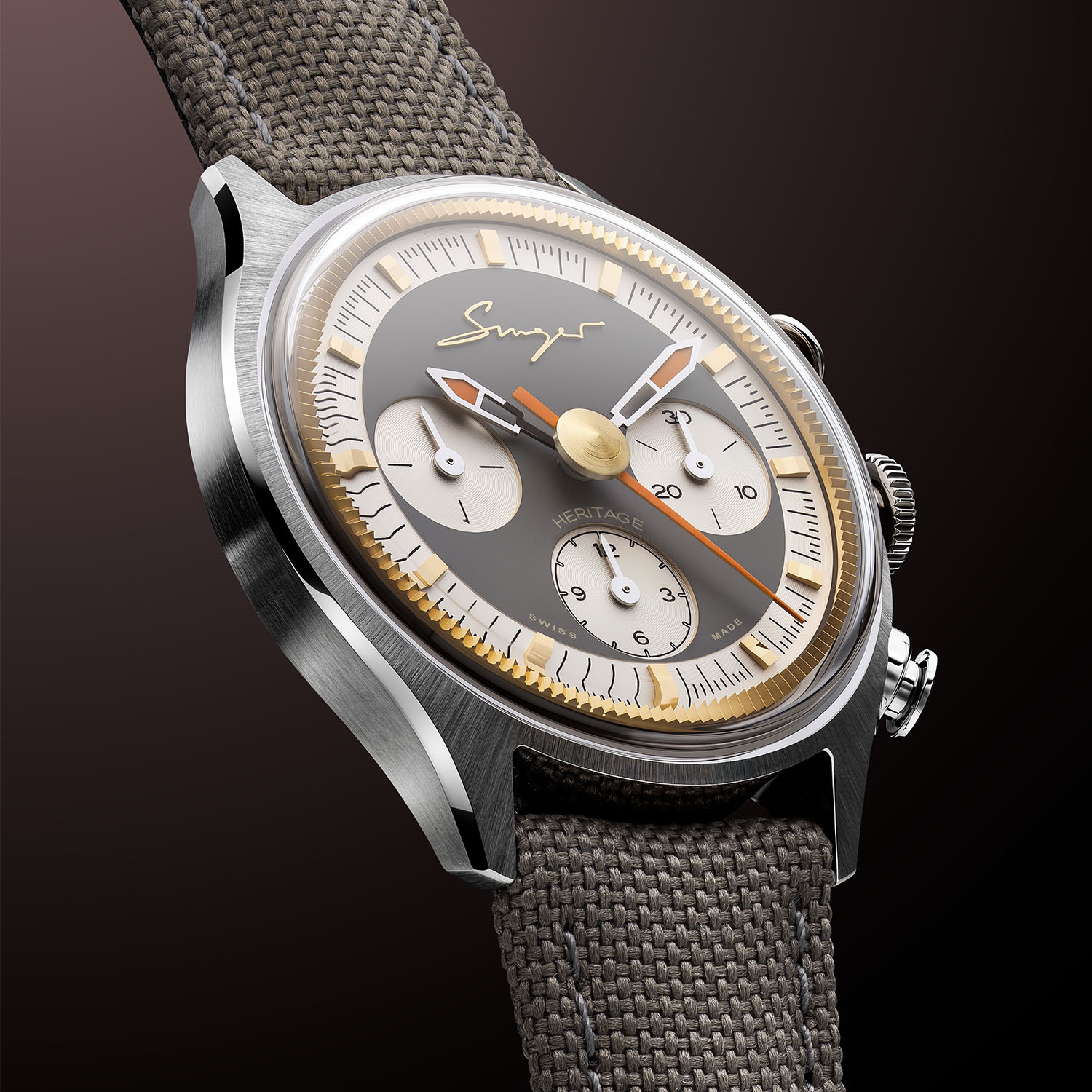 Singer Heritage V72 steel model in profile, stone-grey dial with an orange central chronograph seconds hand and champagne sub-dials, on a grey textile strap