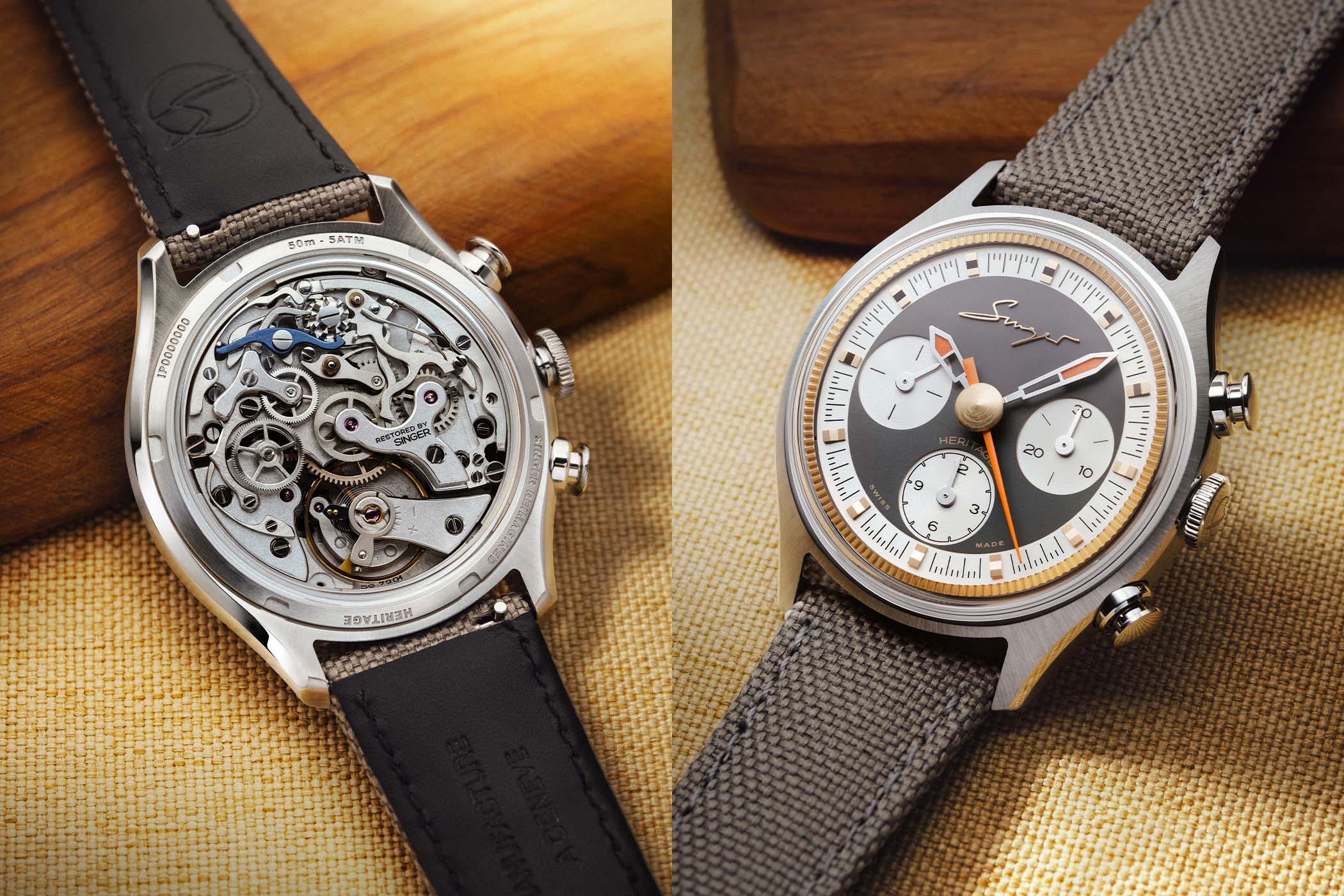 Singer Reimagined Heritage V72 in steel with a stone-grey dial and golden toothed flange shown next to its glassbox caseback, the restored Valjoux 72 movement inscribed Restored by Singer visible through the sapphire