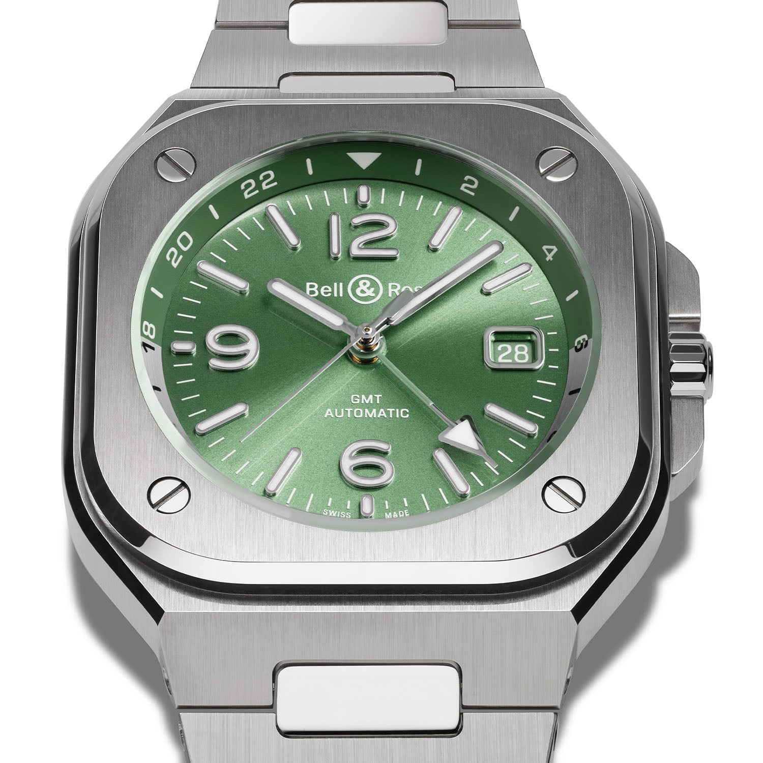 Dial close-up of the Bell & Ross BR-05 GMT Green Steel showing the sunray sage green finish, rhodium-plated numerals, the date at 3 o'clock and the green and silver-grey 24-hour flange