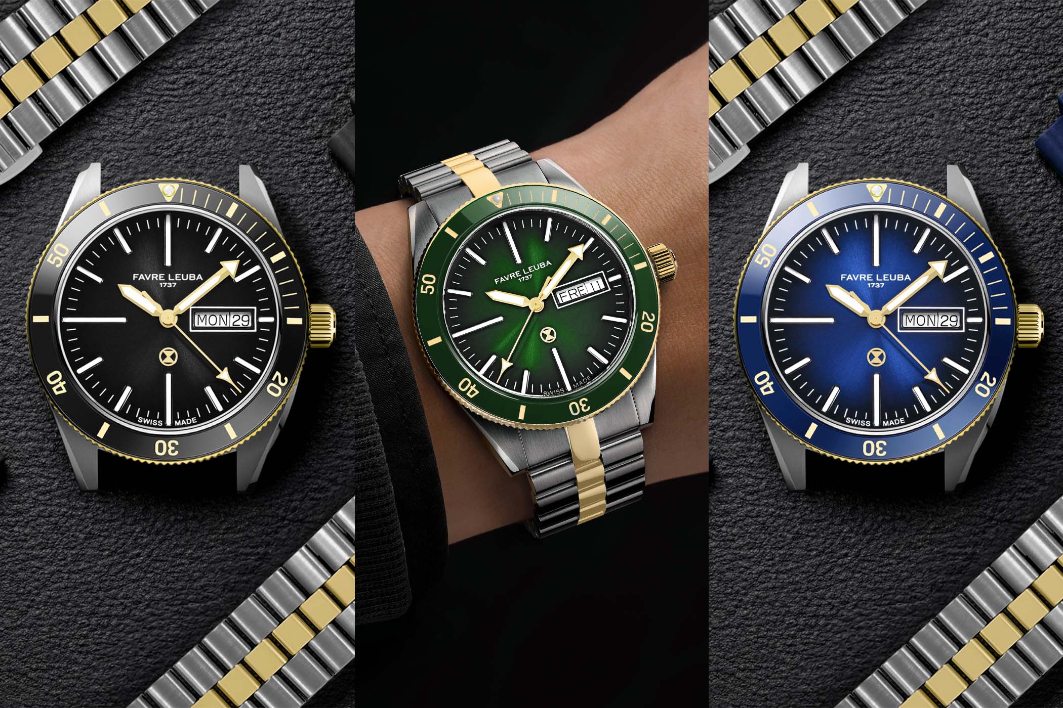 The three two-tone Favre Leuba Deep Raider Day Date versions side by side, with black, green and blue sunray dials in steel cases carrying yellow gold PVD bezels, crowns and central bracelet links
