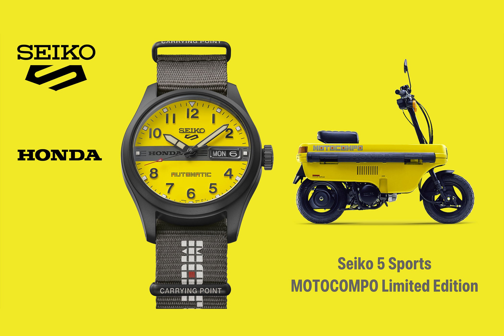 The HDB010 shown beside the yellow Honda Motocompo folding scooter it celebrates, with the Seiko 5 and Honda logos and the Motocompo Limited Edition name