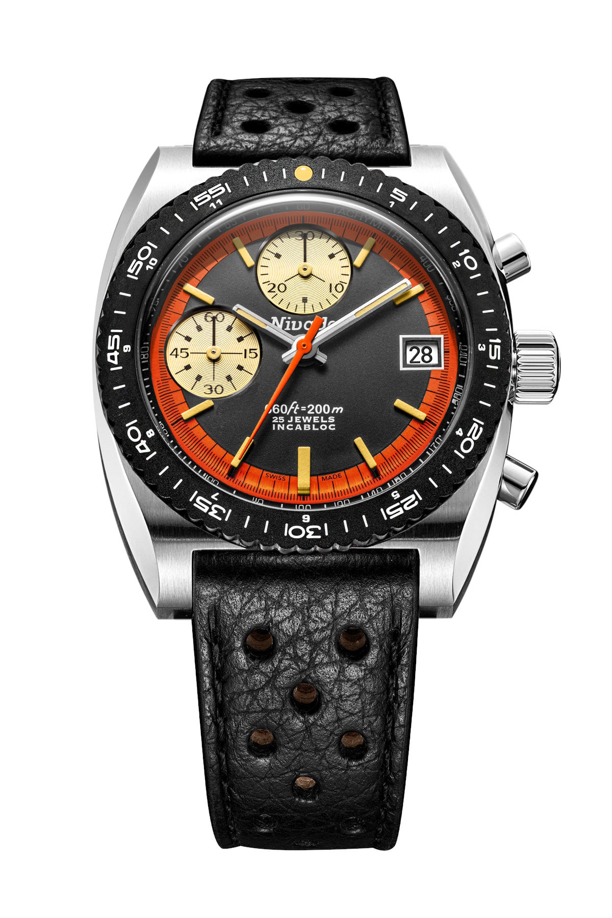 The Autochron Automatic Orange on a black perforated racing-style leather strap, the same black-and-orange dial and black-coated 120-click bezel with a beige pip at zero