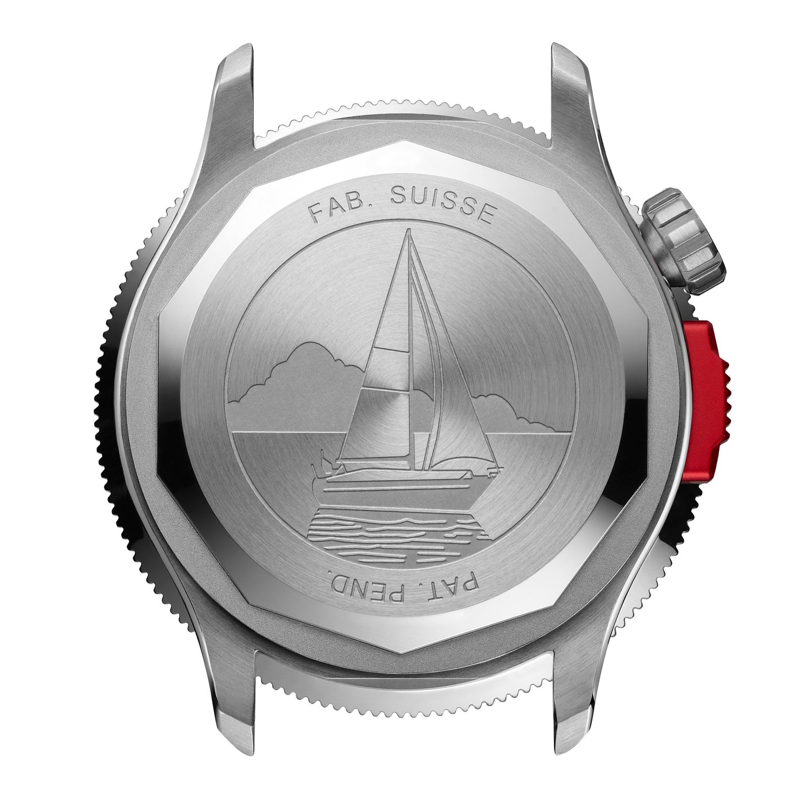 Caseback of the Marinagraph in steel, engraved with a twelve-foot yacht above the sea and marked FAB. SUISSE and PAT. PEND., with the red anodised monopusher visible on the left flank