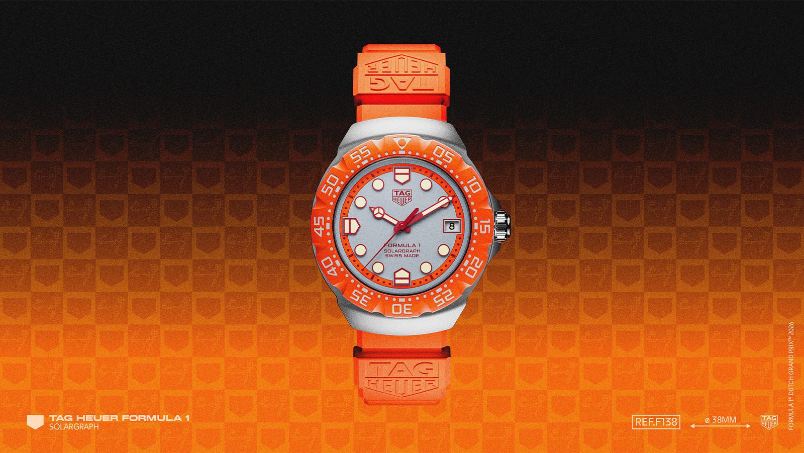 TAG Heuer Formula 1 Solargraph Zandvoort limited edition on an orange rubber strap against an orange background, a 38mm steel case with an orange bezel, grey opaline dial, red accents and a date window at three o'clock