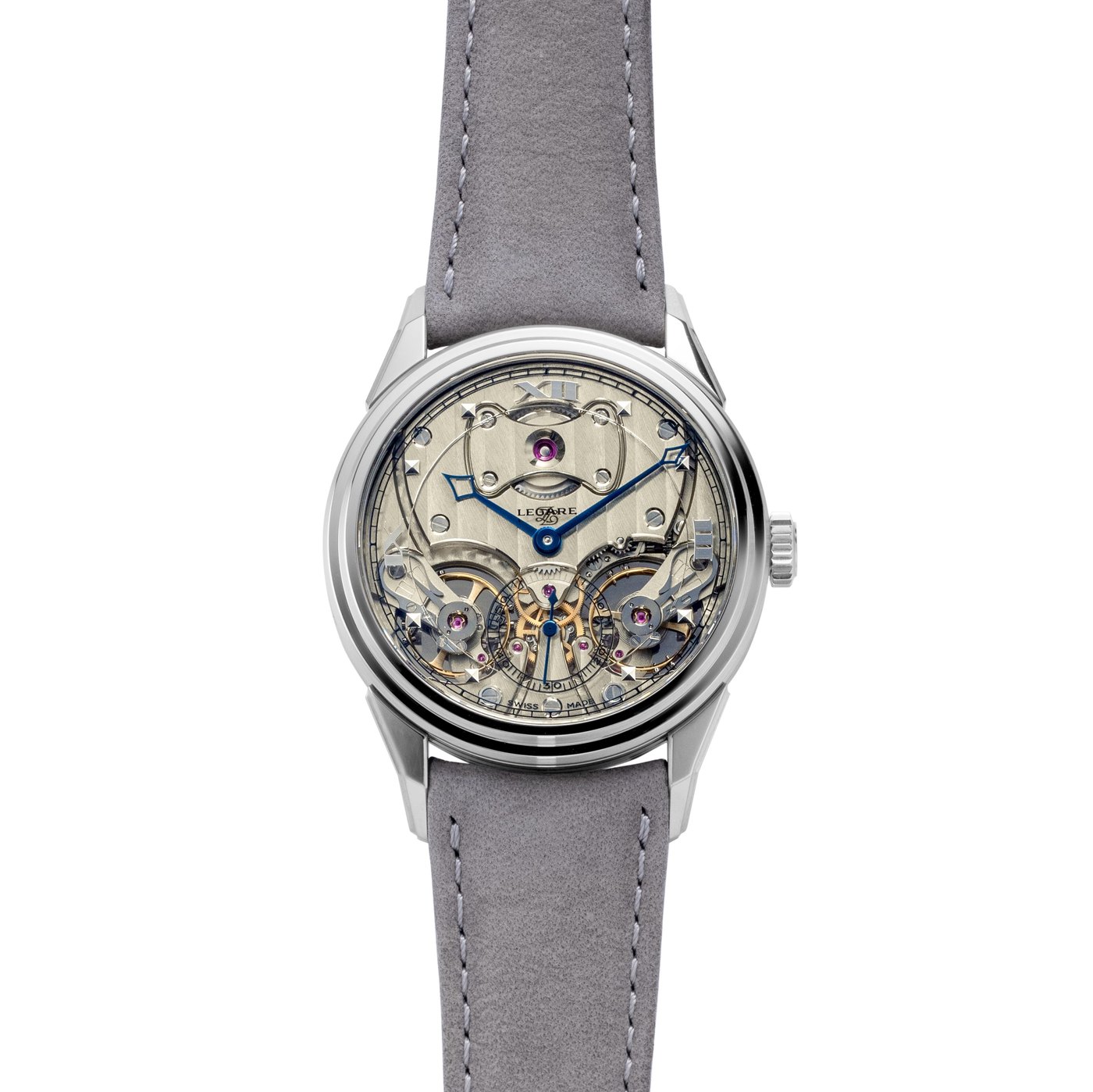The Legaré Chapter I Elegant, a striped German-silver dial with an applied Roman XII, blued hands and the twin balance wheels and differential visible below, on a grey suede strap