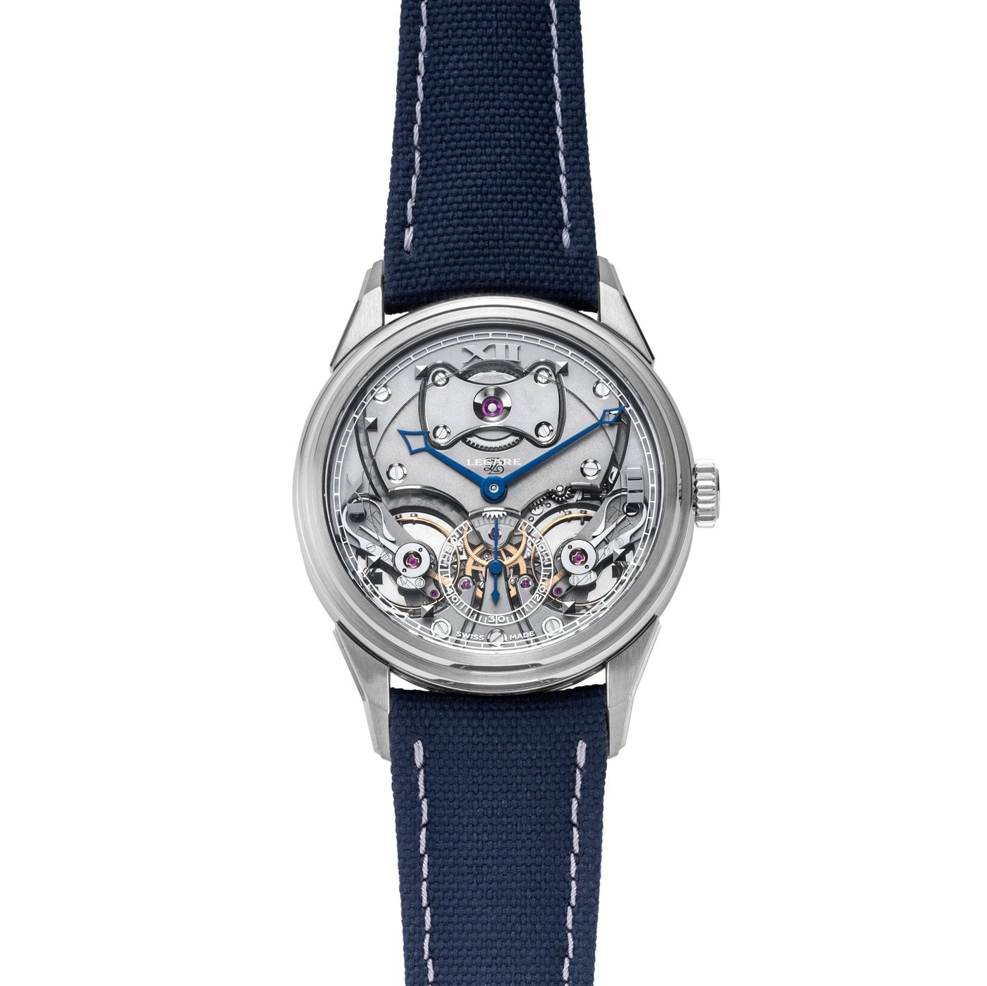 The Legaré Chapter I Darth execution, a cooler grained openworked dial showing its two balance wheels and the seconds display set low between them, blued hands and the Legaré signature, on a blue textile strap