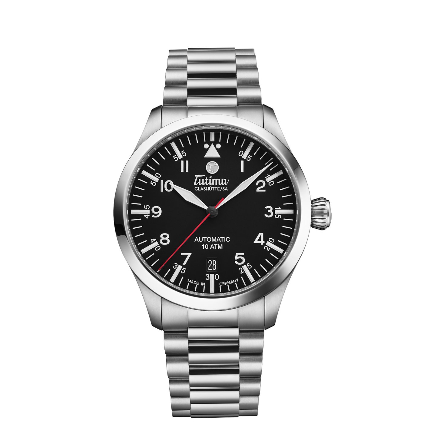 The Tutima Flieger T5 Titanium reference 6109-02, a 38.5mm brushed titanium case with a black dial, white Arabic numerals, an orientation triangle at twelve, a red central seconds hand and a date at six, on a three-row titanium bracelet