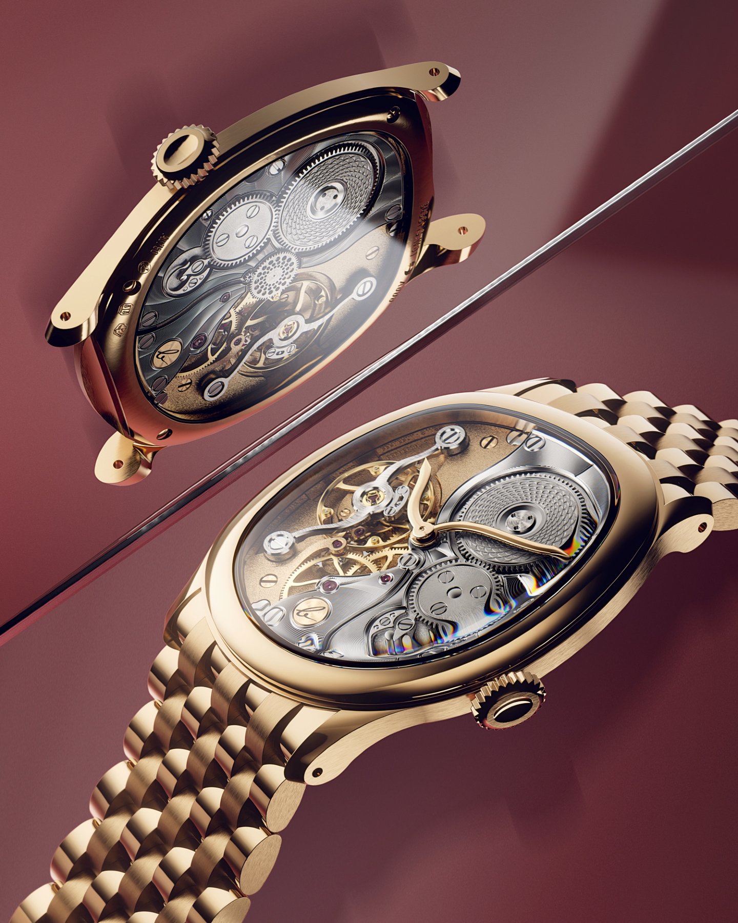 The Berneron Mirage Miroir in yellow gold on a matching gold bracelet, its asymmetric cushion case showing an openworked dial of guilloché discs and gold hands, beside a separate caseback view on a burgundy ground