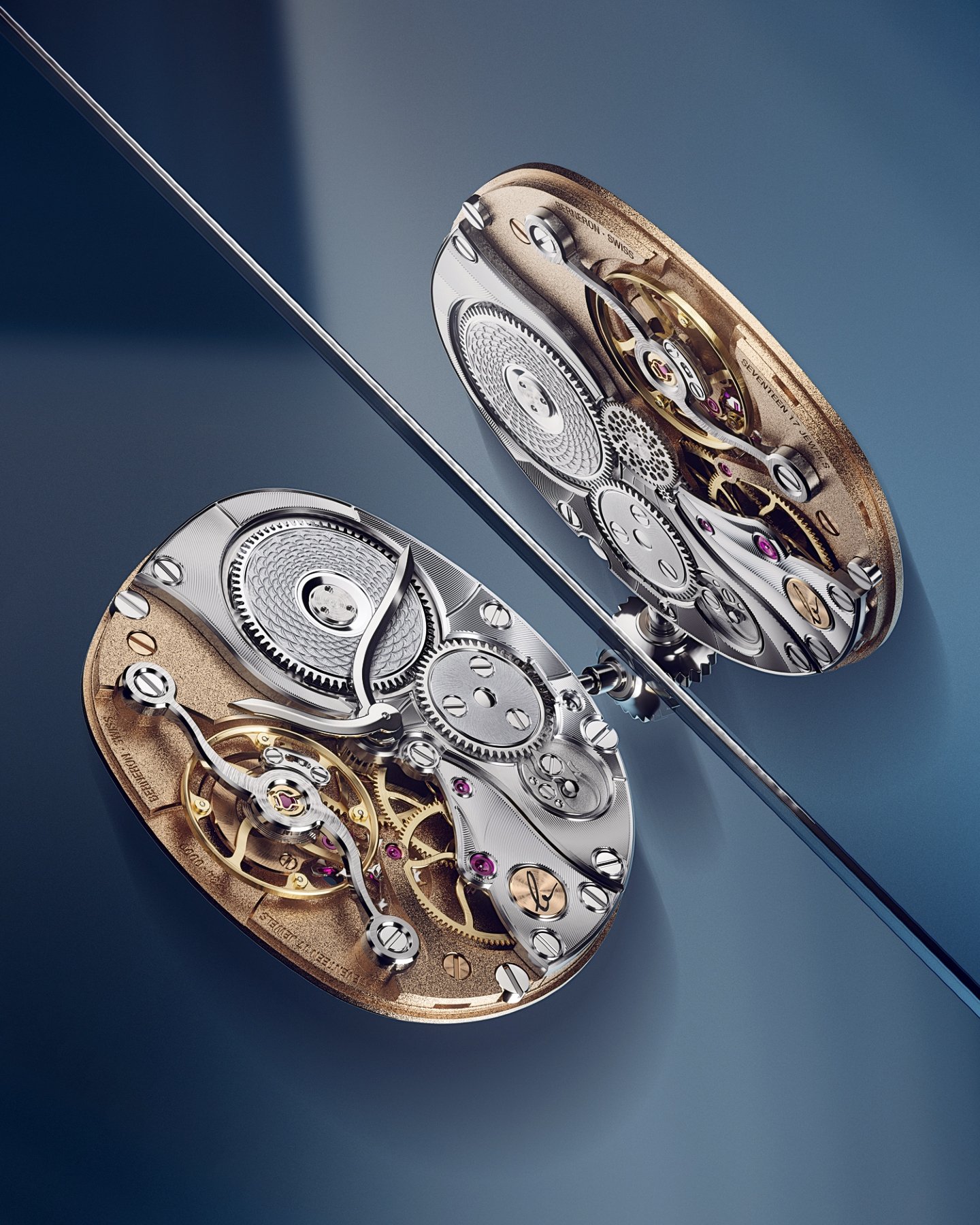 Two mirror-image views of the Berneron Calibre 283 across a reflective divider on a blue ground, engraved BERNERON SWISS, with silvered guilloché barrel discs, a gold mainplate, ruby jewels and an openworked going train