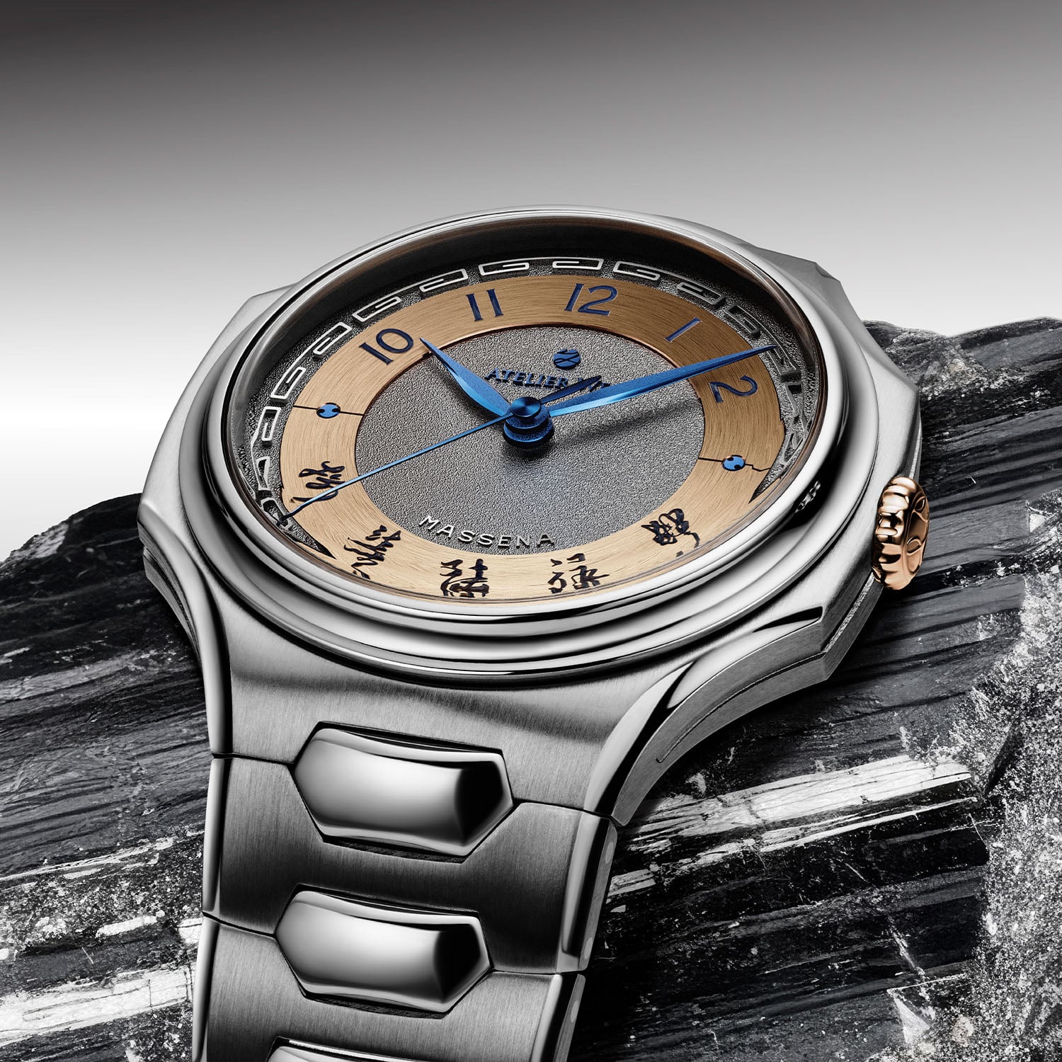 Three-quarter macro of the rose-gold-dial Inflection Shuo on dark stone, the concave tantalum bezel and rose-gold crown at three, the engraved huiwen border framing the hand-finished centre
