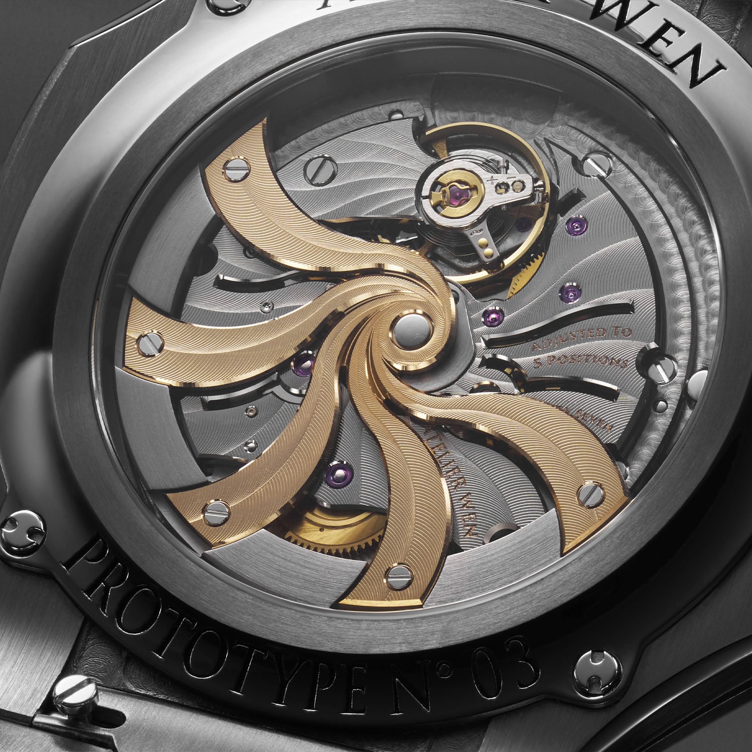 The customised Girard-Perregaux GP03300 through the sapphire caseback, its bridges shaped as 5N rose-gold wind motifs over waved ruthenium striping, engraved ADJUSTED TO 5 POSITIONS and PROTOTYPE No 03