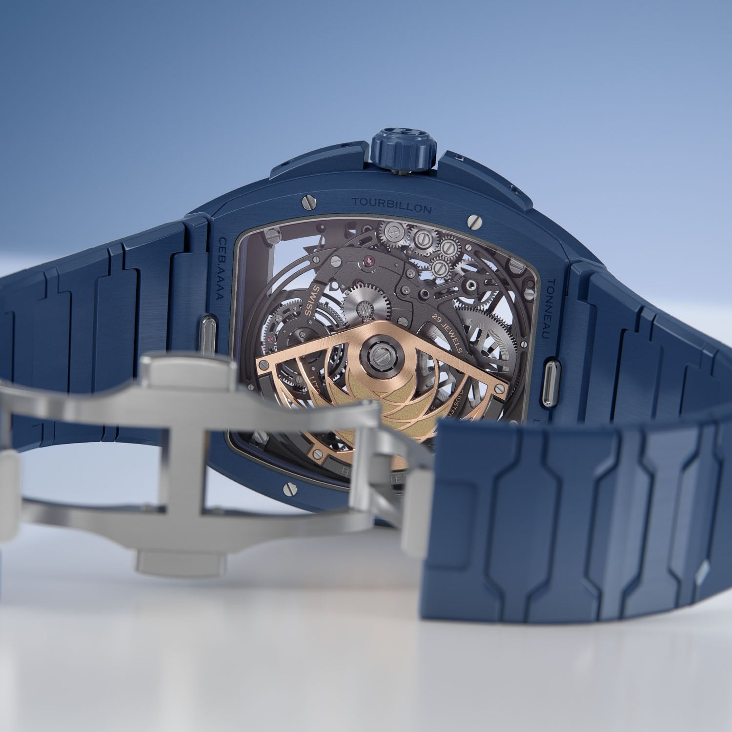 The caseback of the blue Bianchet UltraFino Tonneau showing the UT01 movement, its gold rotor shaped to the Golden Ratio and engravings reading Tourbillon, Tonneau and 29 jewels