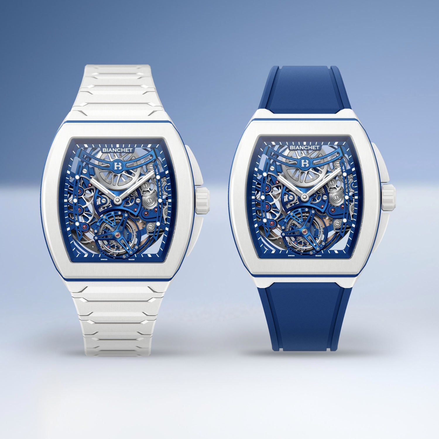 Two white ceramic Bianchet UltraFino Tonneau watches front-on, one on a white ceramic bracelet and one on a blue rubber strap, both showing the blue skeletonised movement and flying tourbillon