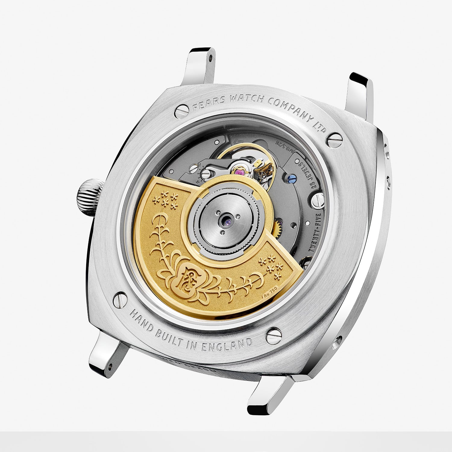 The sapphire caseback of the Brunswick 39 with its engraved 18k gold winding rotor and the words Hand Built in England around the case ring