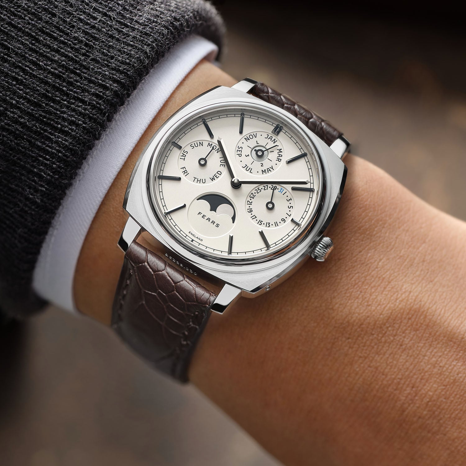 The Fears Brunswick 39 Perpetual Calendar on the wrist, Silver Mink dial and moon phase, on a brown ostrich strap