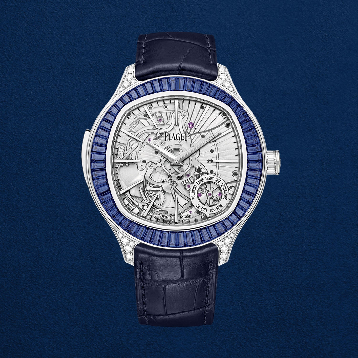 The High Jewellery version of the Piaget Polo Minute Repeater, reference G0A51017, its bezel set with baguette-cut blue sapphires and its case set with diamonds, over a fully openworked silver dial, on a blue alligator strap