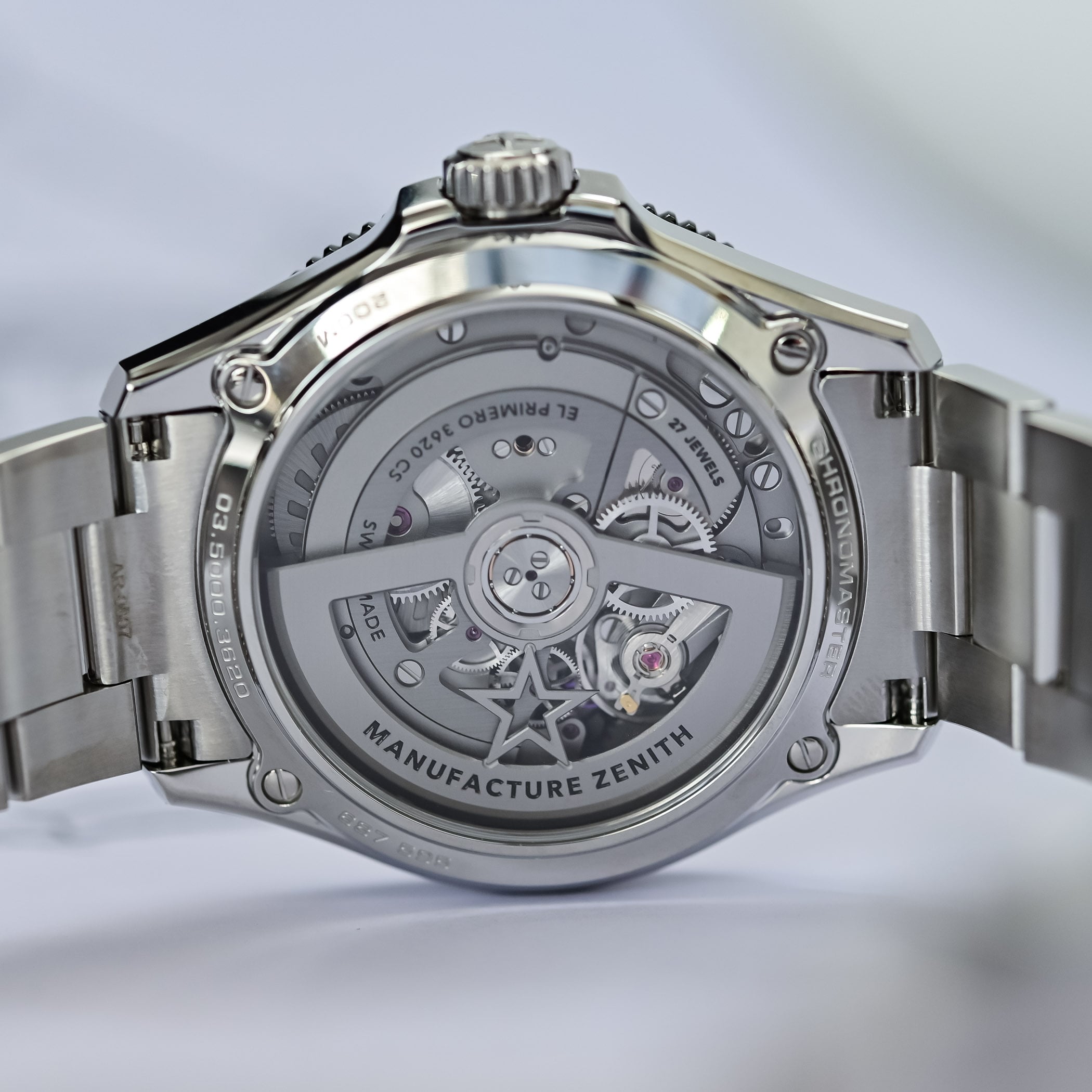 The sapphire caseback of the Chronomaster Solo Sport showing the El Primero 3620 and the openworked oscillating weight engraved Manufacture Zenith