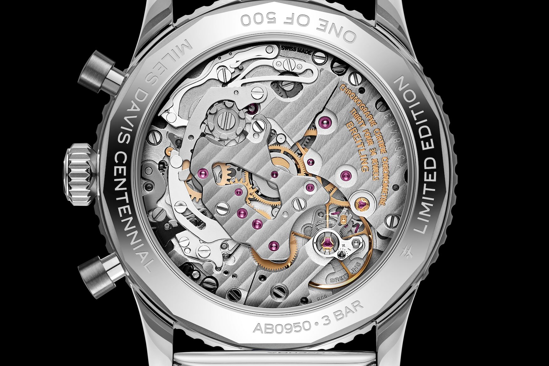The engraved caseback of the Navitimer B09 Miles Davis, marked MILES DAVIS CENTENNIAL, ONE OF 500 and AB0950, showing the hand-wound Caliber B09 chronograph movement through the sapphire