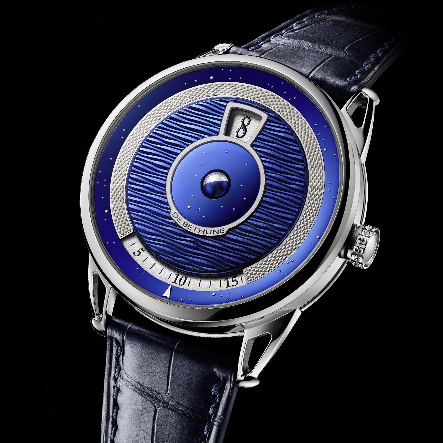 A macro of the DB25 Digitale dial showing the central spherical moon phase in palladium and blued steel, the Starry Varius sky of hand-applied grey gold star pins, the wave-pattern random guilloche in heat-blued titanium and the DE BETHUNE signature