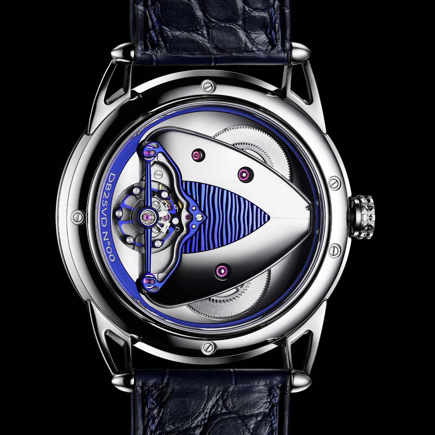 The sapphire caseback of the De Bethune DB25 Digitale engraved DB25VD N 00, revealing the hand-wound DB2144V3 movement, its blued titanium deltoid bridge and the free-sprung balance