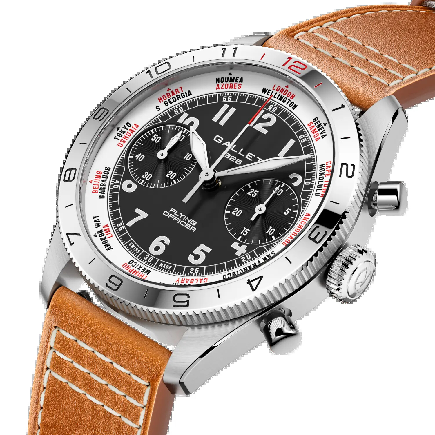 A three-quarter view of the steel Gallet Flying Officer Chronograph 40, reference AG2301131B1X2, showing the black dial, the fluted crown engraved with the Gallet logo and the white rotating city ring naming Tokyo, Hobart, London and Cape Town
