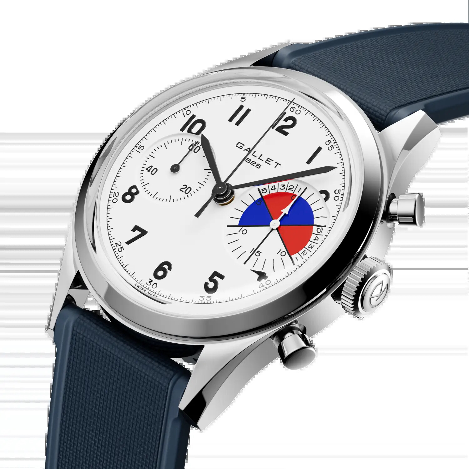 The Gallet Classics Tribute to Yachting Big Eye, reference AG0910121A1, a white-dial hand-wound chronograph with a small running-seconds subdial and a large blue-and-red regatta countdown register, on a navy textile strap