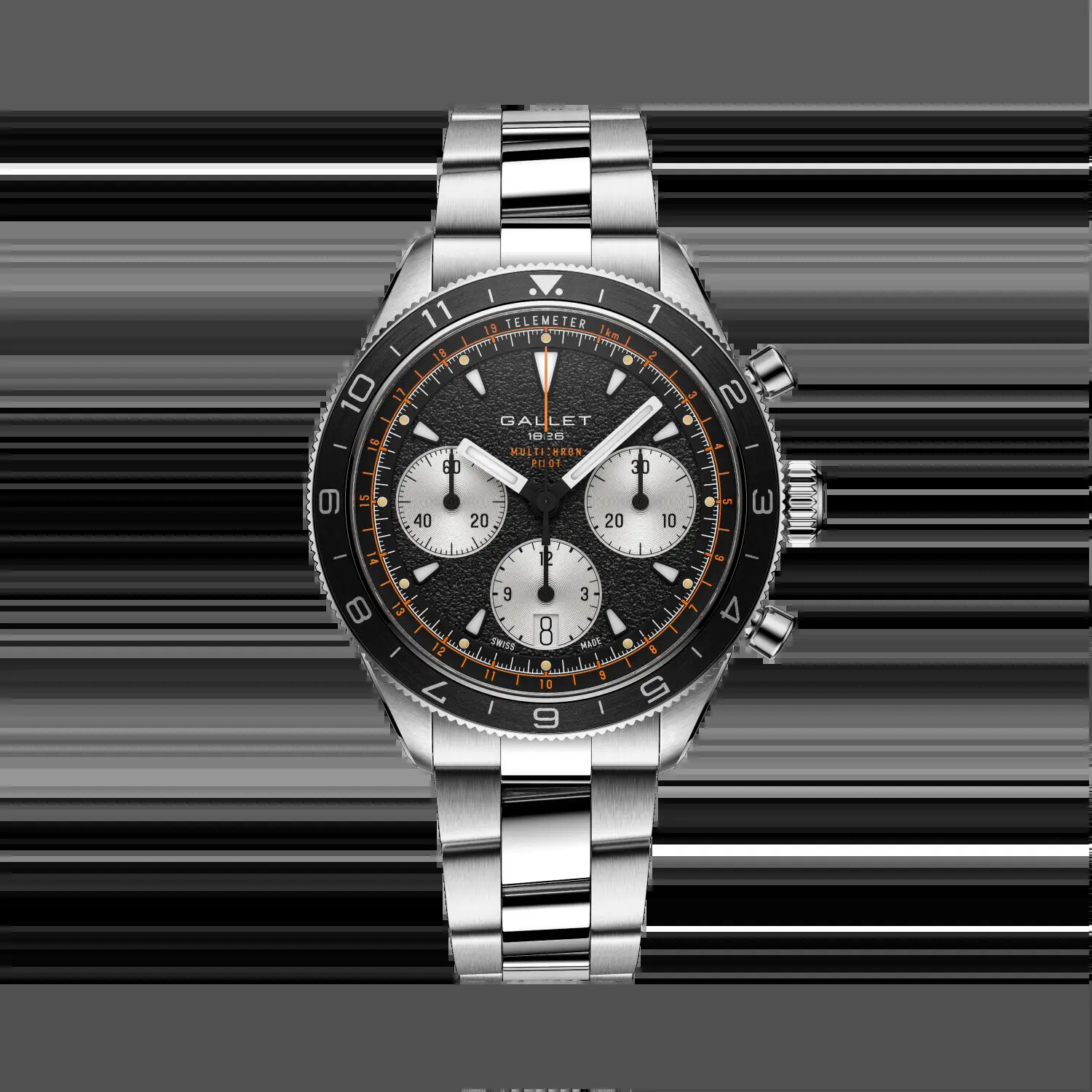 The Gallet Multichron Pilot Chronograph 42 on a steel bracelet, a black dial with three silver subdials, a date at six and a black telemeter bezel with an orange inner scale
