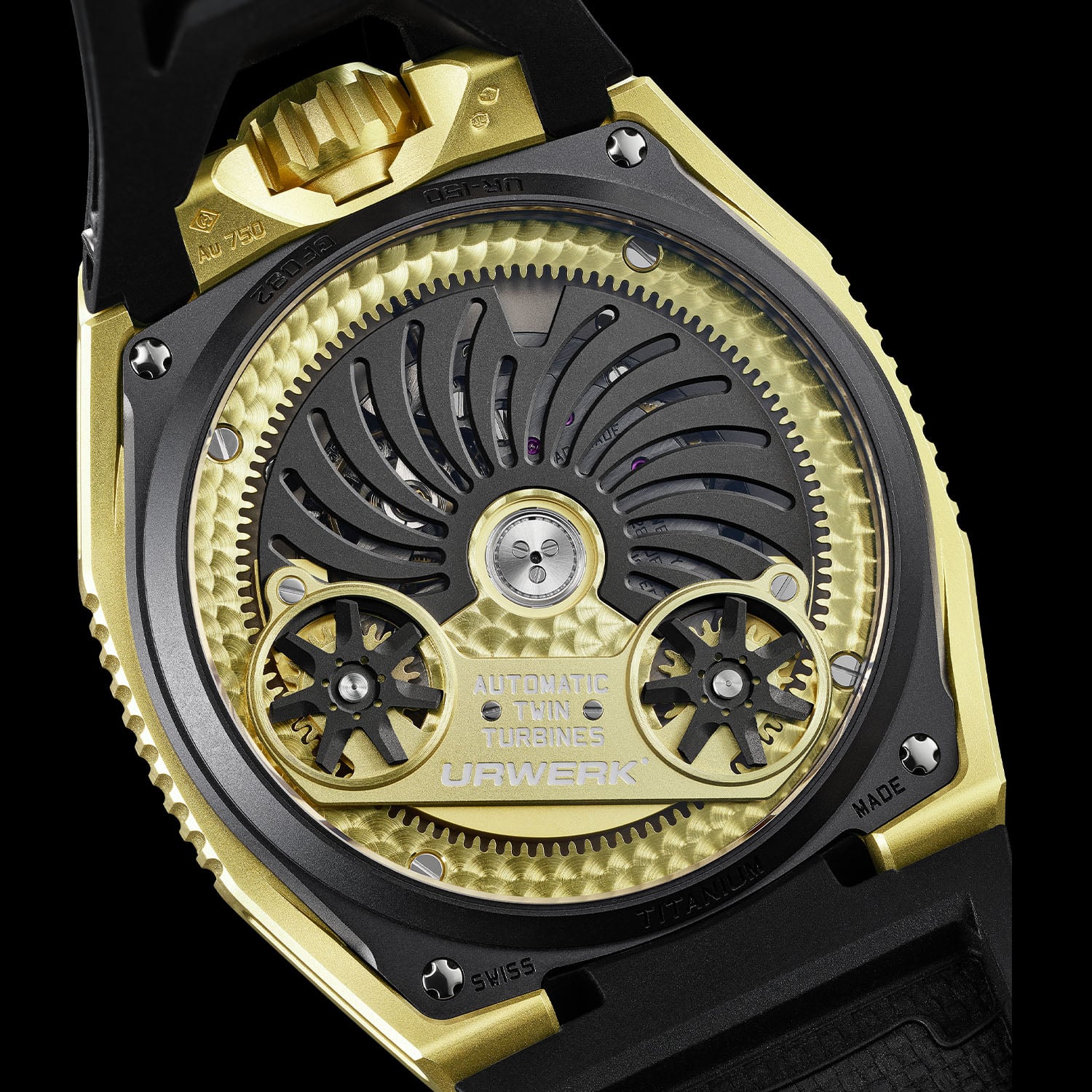 Macro of the UR-150 satellite display, three black hour satellites on a flying carousel marked UR-150 and URWERK in gold, with the arrow-tipped retrograde minute hand crossing the minute track