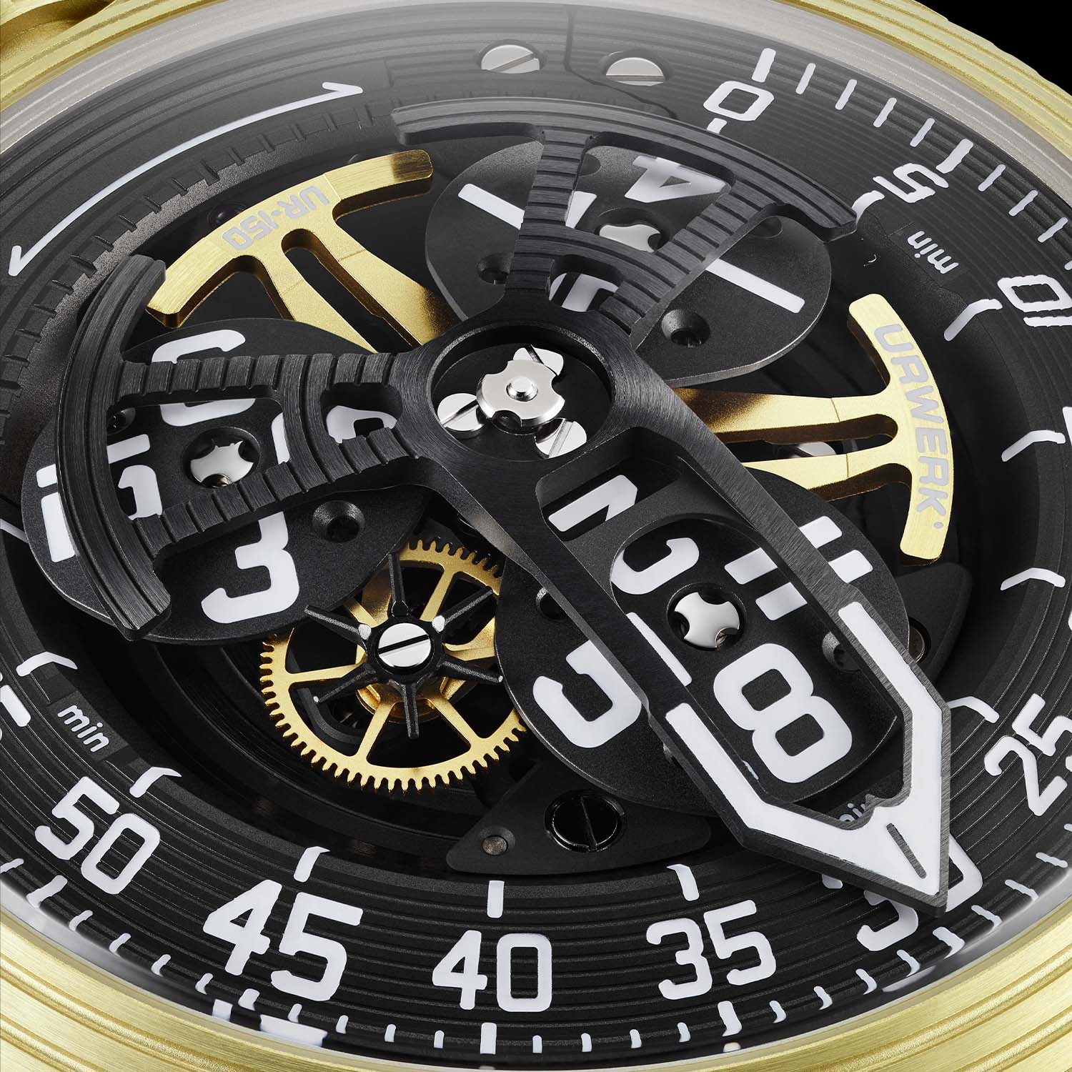 The grade 5 titanium caseback of the UR-150 Golden Scorpion engraved AUTOMATIC TWIN TURBINES, showing the two black turbine regulators and the circular-grained gold rotor