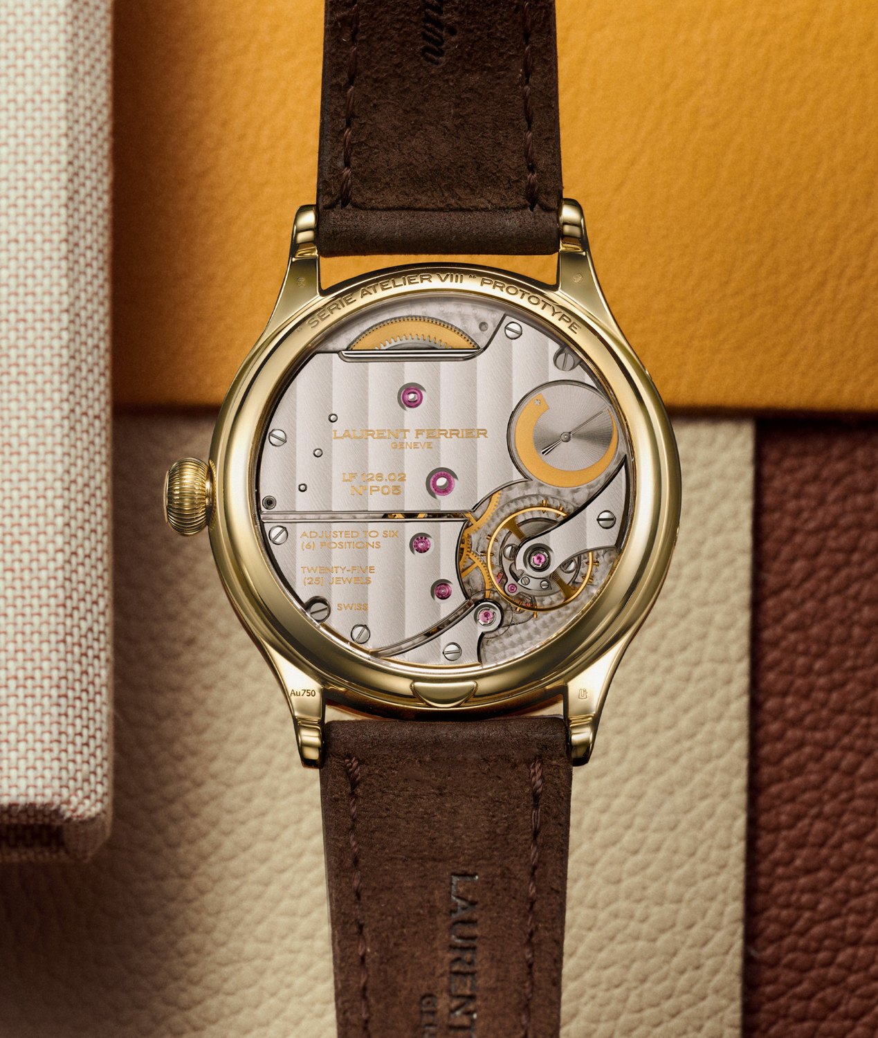 Sapphire caseback of the Laurent Ferrier Classic Moon Dusk showing the hand-wound Calibre LF126.02 with hand-bevelled bridges and a frosted mainplate