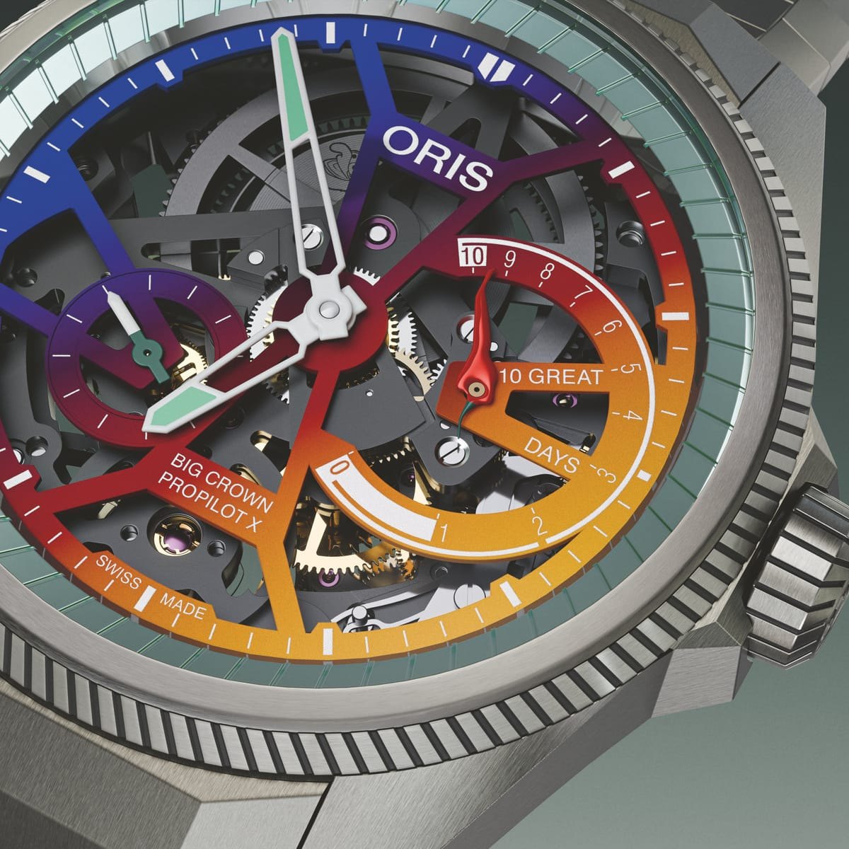 Skeletonised dial of the Oris ProPilot X Gonzo Edition, the colour-graded bridges running blue to yellow around the ORIS logo, the BIG CROWN PROPILOT X text and the ten-day marking