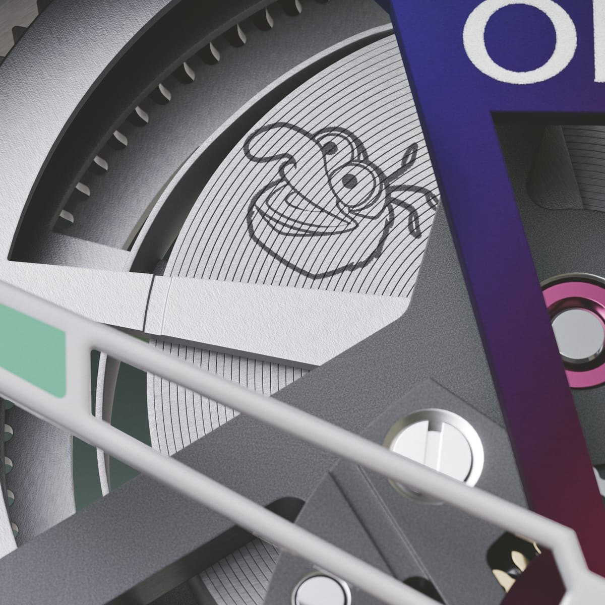 Macro of the mainspring, its outer edge laser-etched with Gonzo's face across the coiled spring, seen through the openworked dial