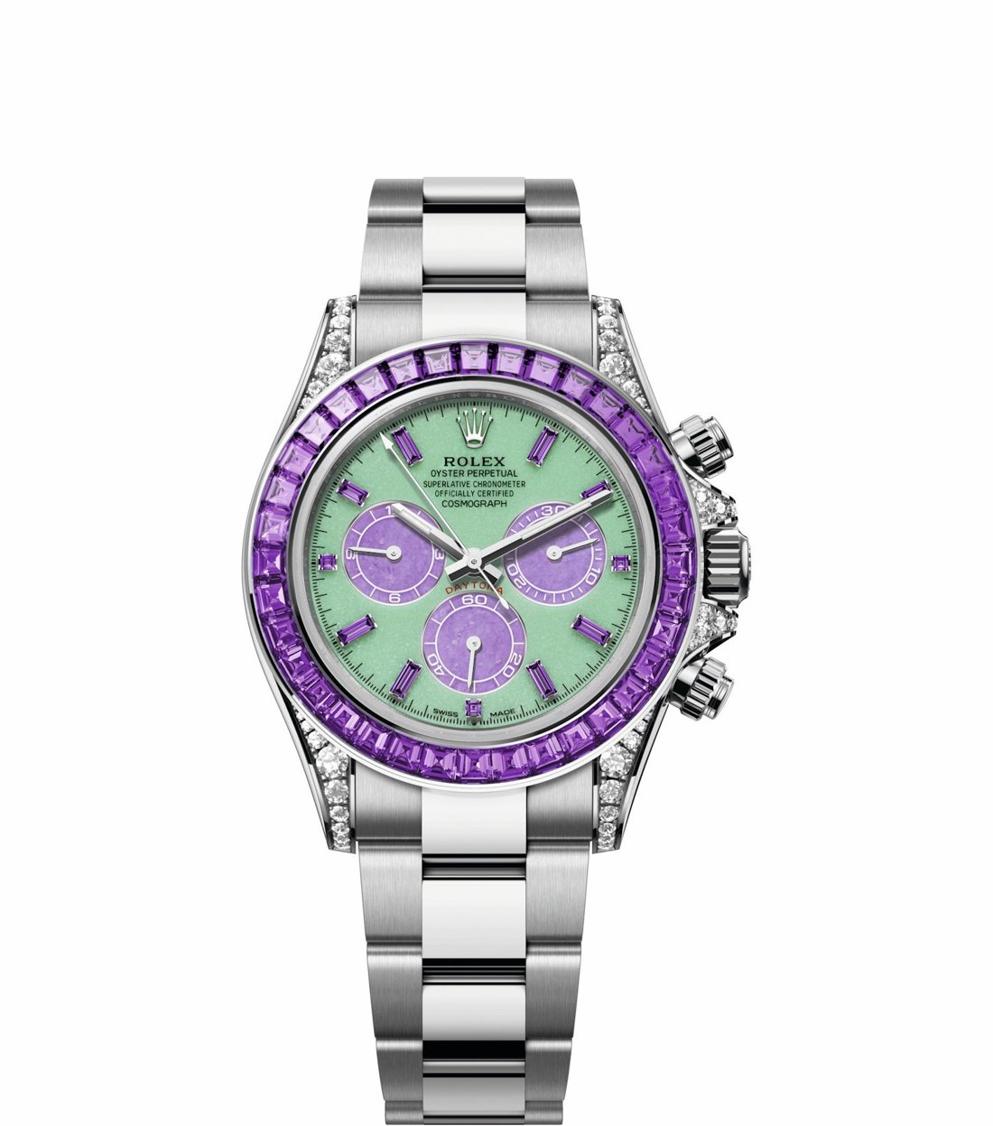 The Rolex Cosmograph Daytona Spring, reference 126599 SAVL, in 18-carat white gold with an apple-green chrysoprase dial, purple lepidolite counters and a purple sapphire bezel on an Oyster bracelet