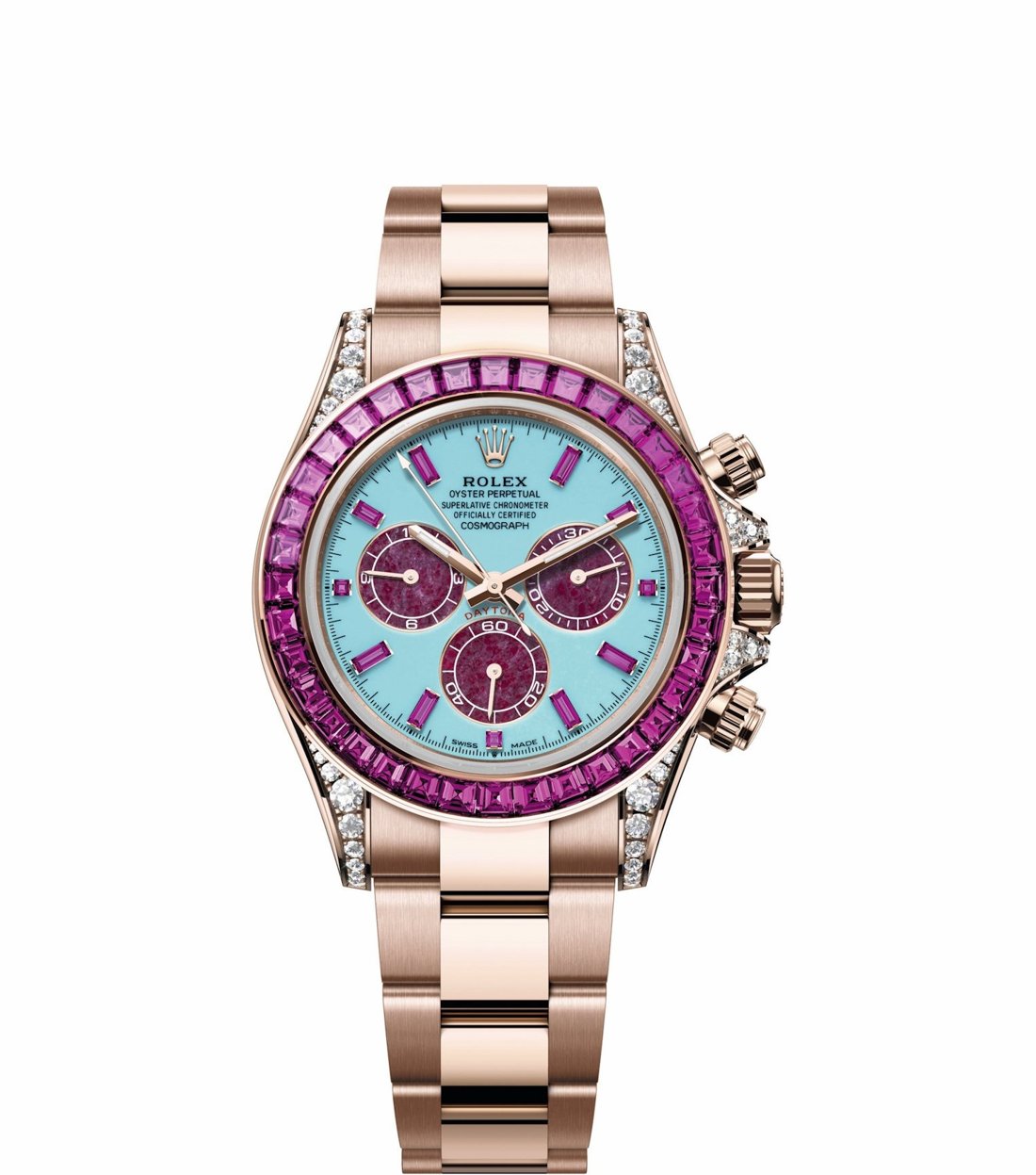 The Rolex Cosmograph Daytona Summer, reference 126595 SARO, in 18-carat Everose gold with a turquoise dial, ruby counters and a pink sapphire bezel on an Oyster bracelet