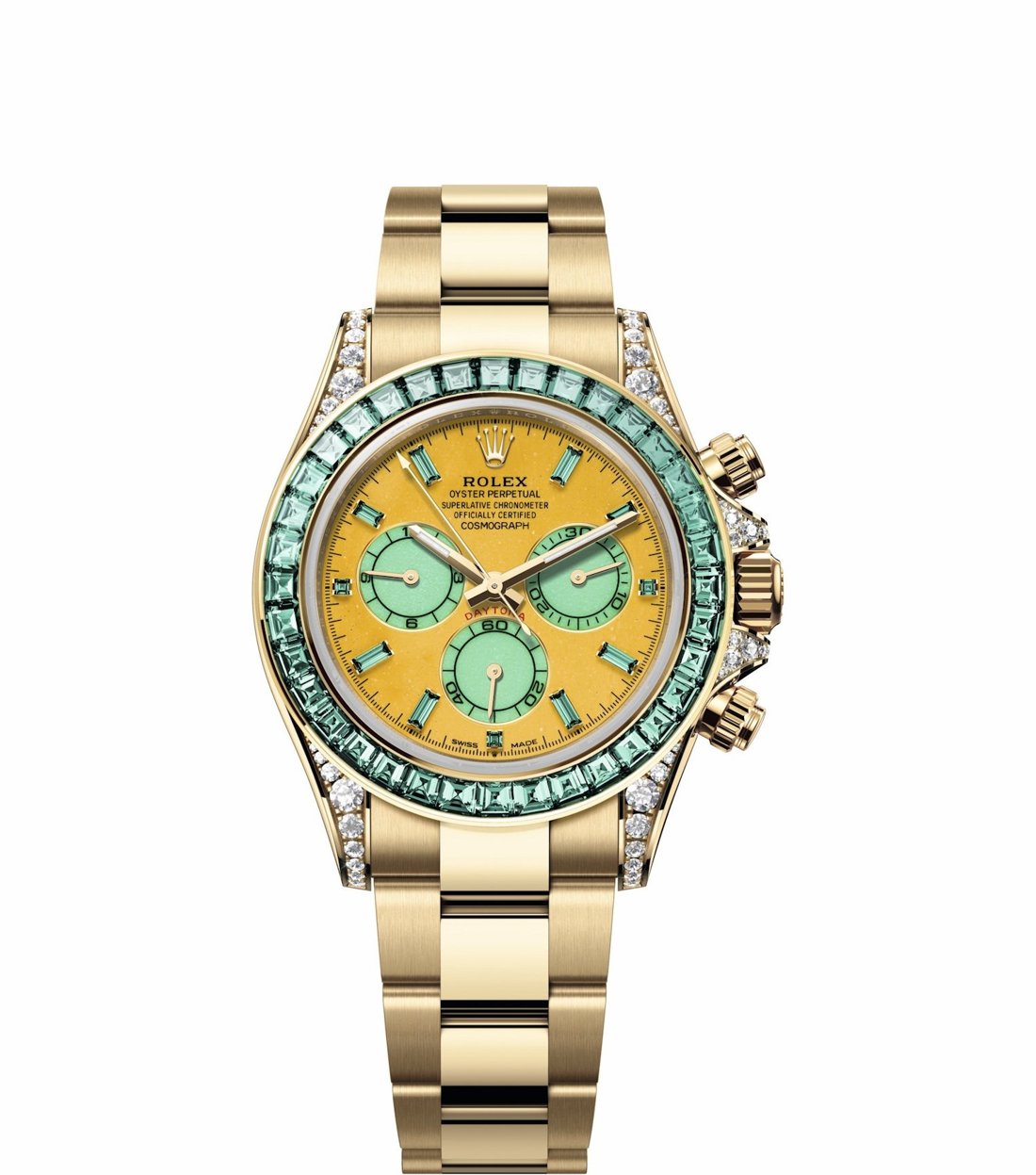 The Rolex Cosmograph Daytona Autumn, reference 126598 TML, in 18-carat yellow gold with a yellow mookaite dial, green chrysoprase counters and a green tourmaline bezel on an Oyster bracelet